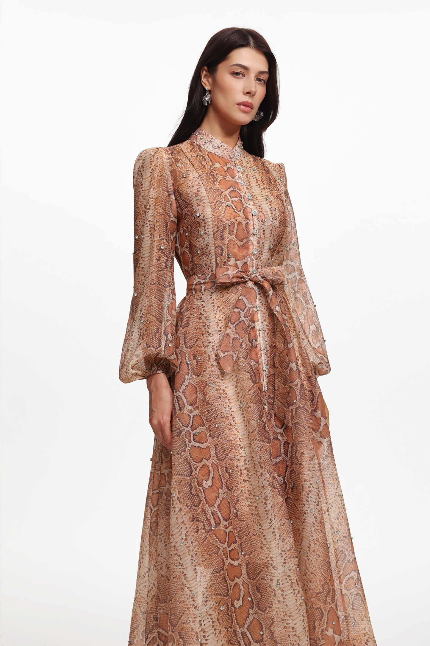 Hacaki Resort Flowy Long Sleeve Snake Print Rhinestone Woven Maxi Dress