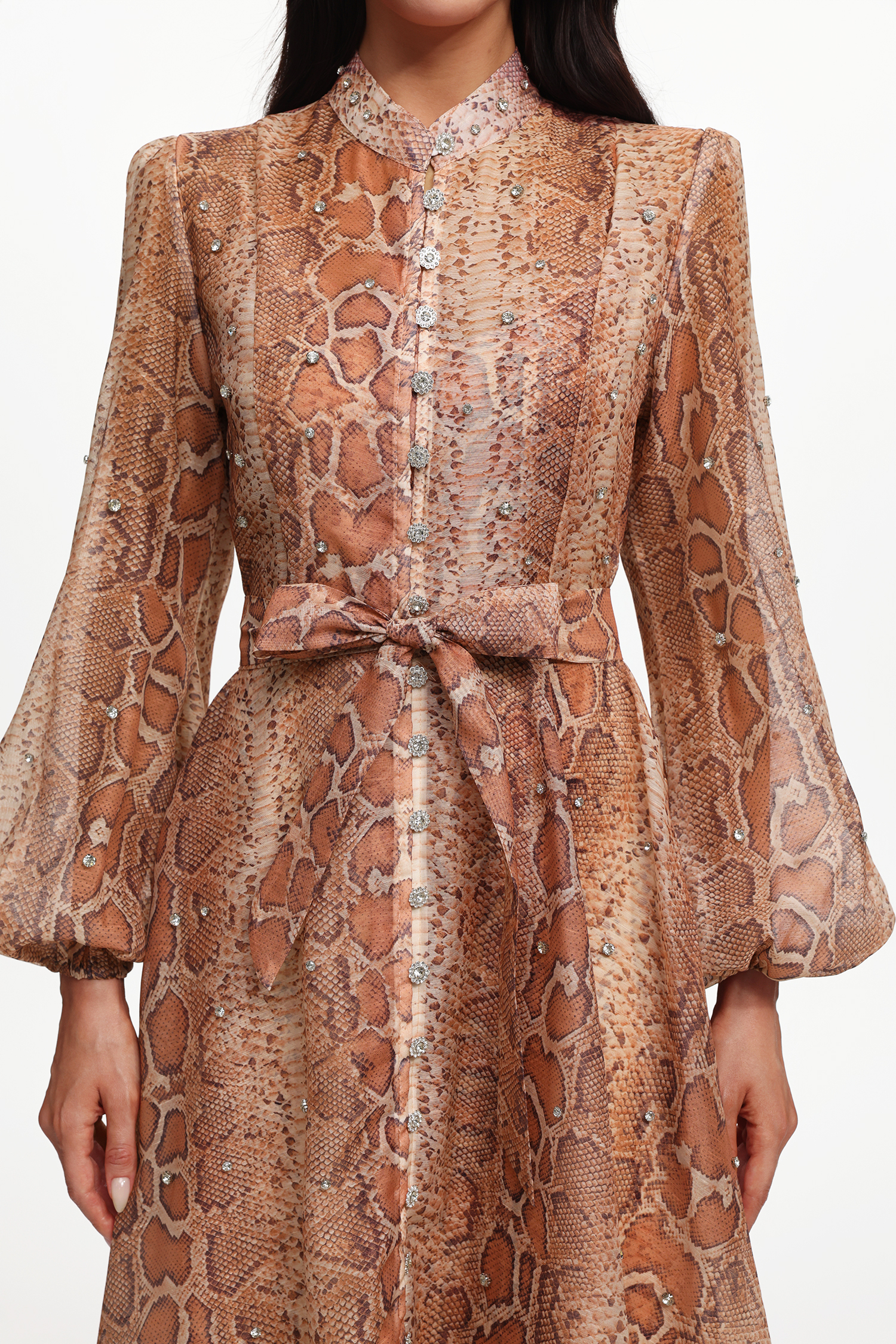 Hacaki Resort Flowy Long Sleeve Snake Print Rhinestone Woven Maxi Dress