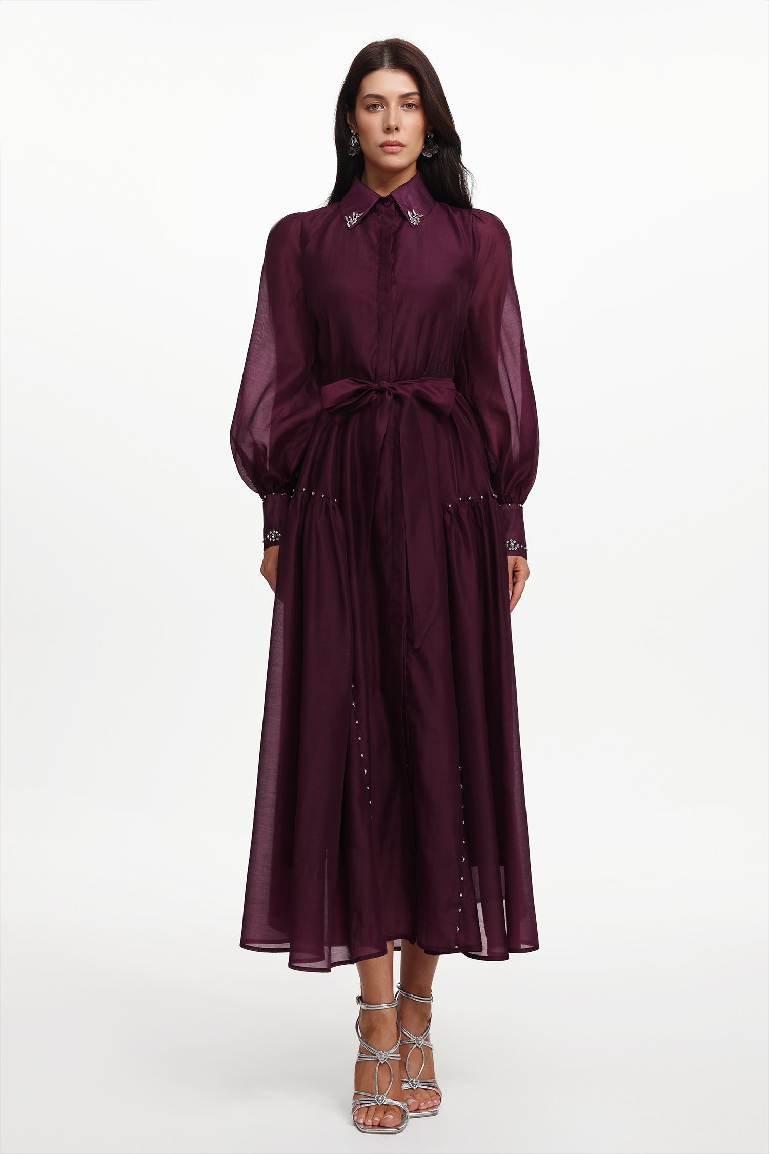 Masaka Resort Flowy Long Sleeve Rhinestone Woven Maxi Dress