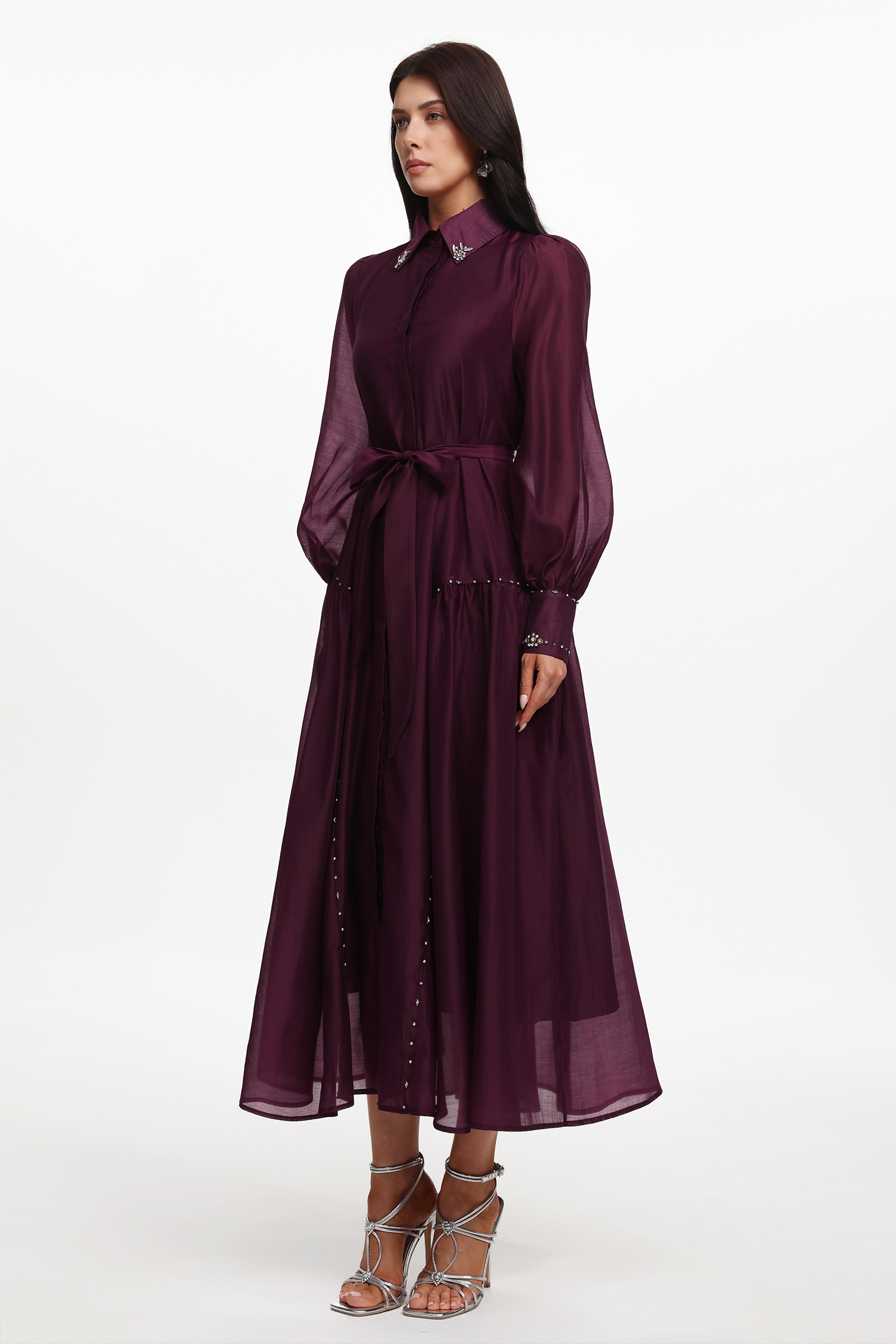 Masaka Resort Flowy Long Sleeve Rhinestone Woven Maxi Dress