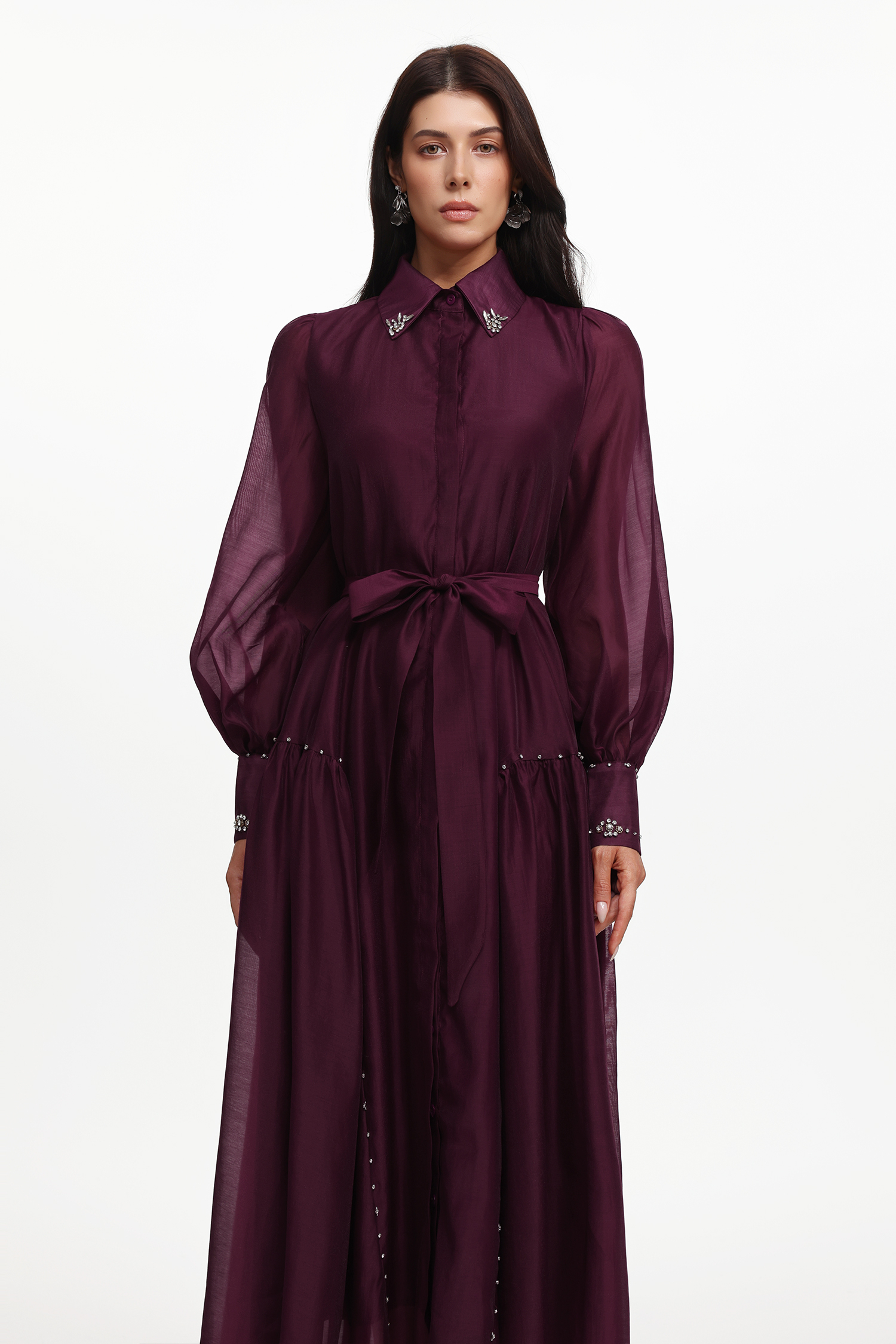 Masaka Resort Flowy Long Sleeve Rhinestone Woven Maxi Dress