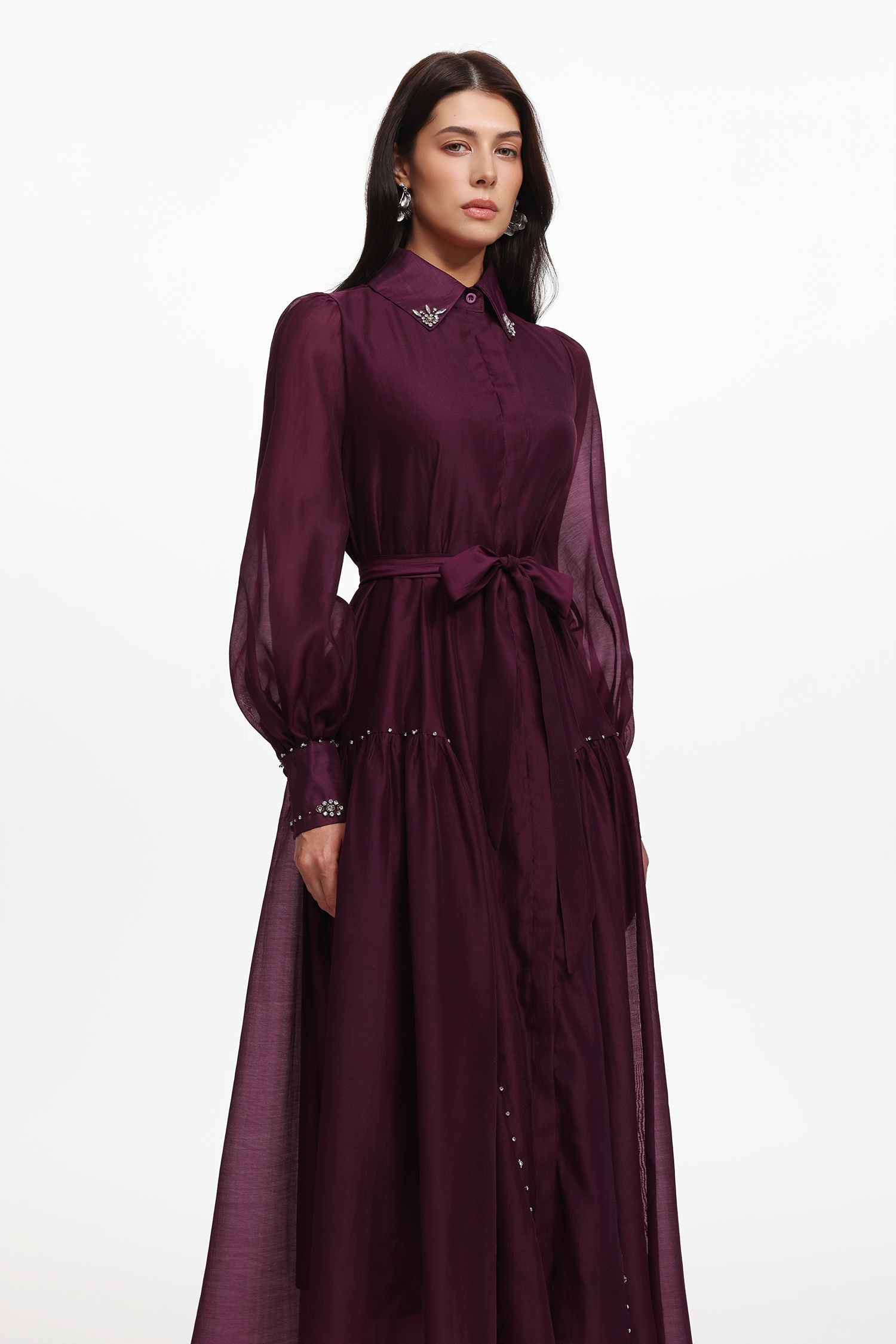 Masaka Resort Flowy Long Sleeve Rhinestone Woven Maxi Dress
