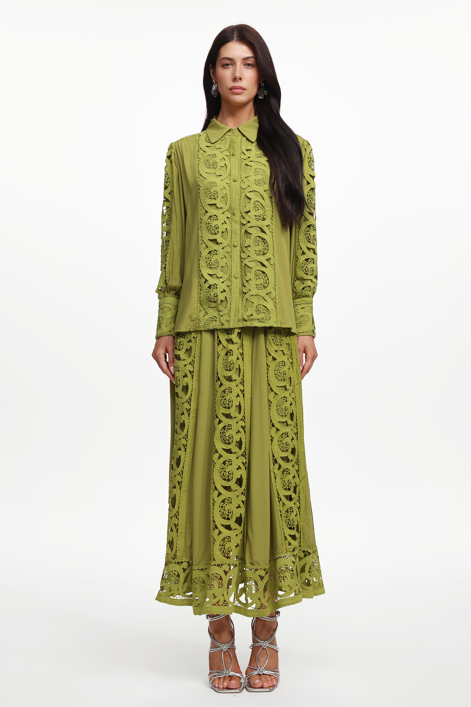 Sharla Resort Flowy Long Sleeve Cut Out Woven Top And Skirt Two-Piece Set