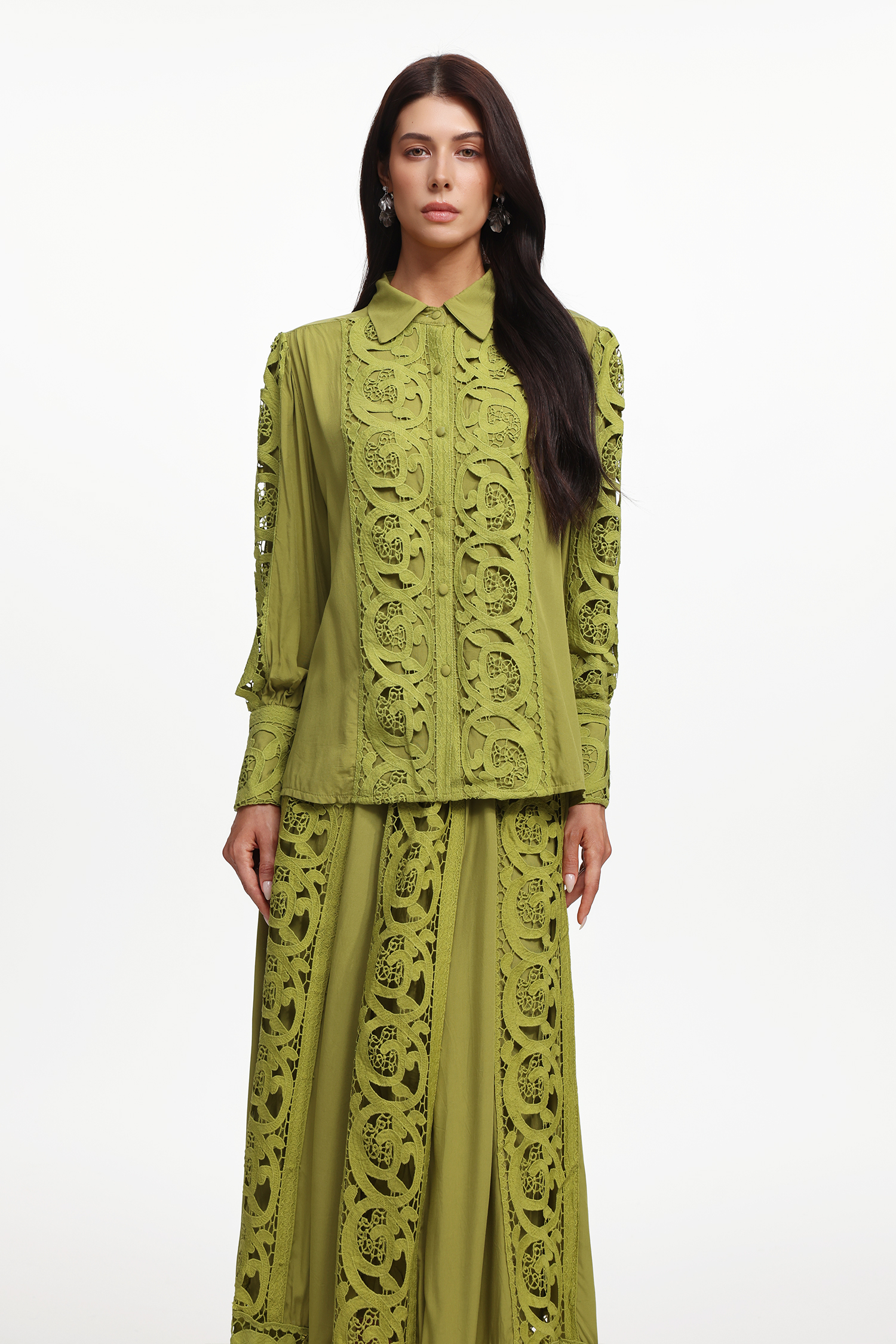 Sharla Resort Flowy Long Sleeve Cut Out Woven Top And Skirt Two-Piece Set