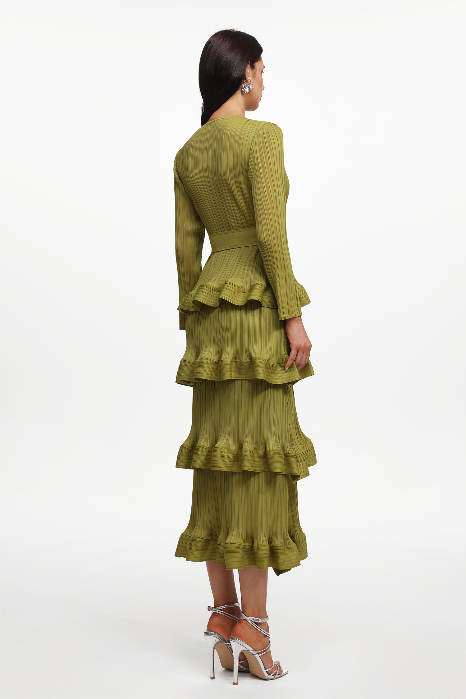 Yuyo Resort Flowy Round Neck Long Sleeve Ruffle Pleated Knit Maxi Dress