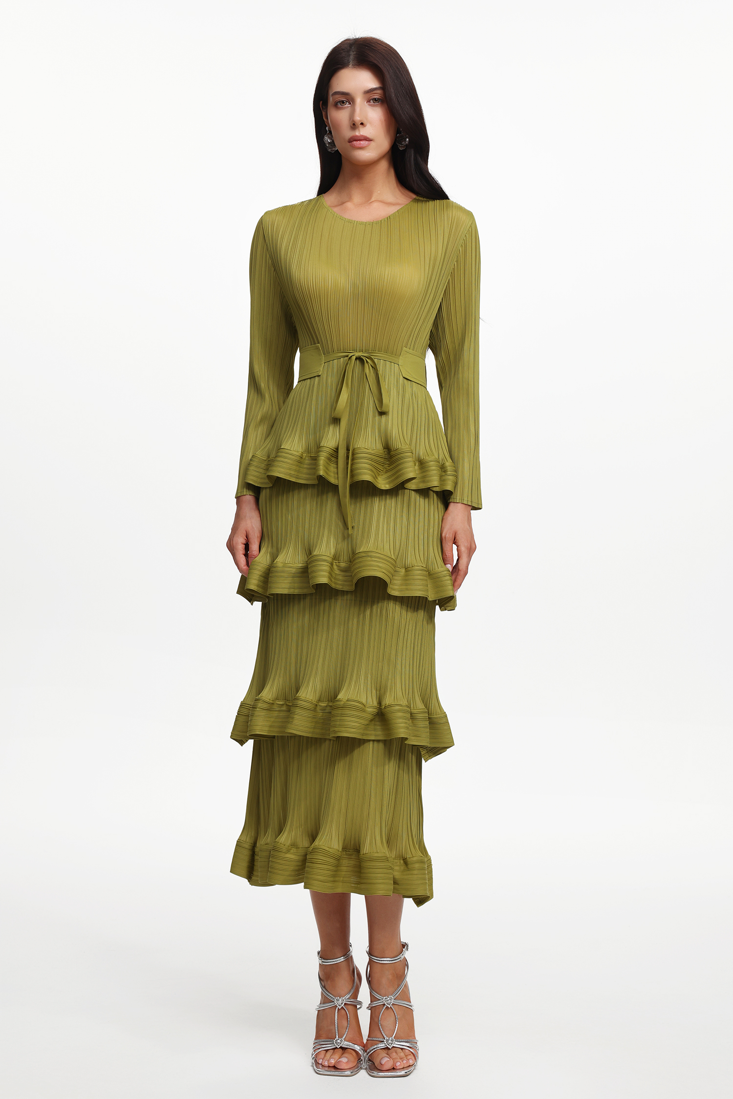 Yuyo Resort Flowy Round Neck Long Sleeve Ruffle Pleated Knit Maxi Dress