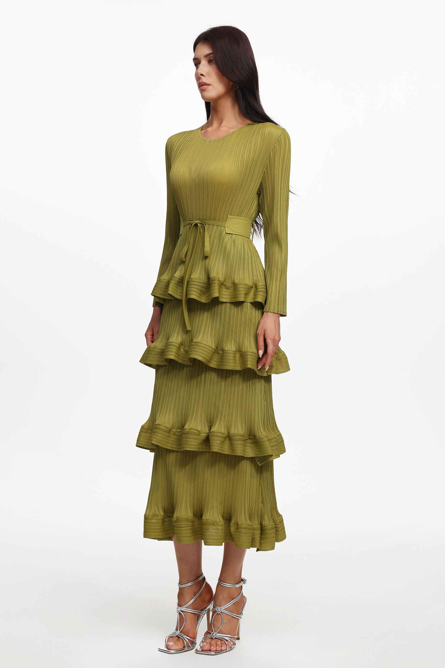 Yuyo Resort Flowy Round Neck Long Sleeve Ruffle Pleated Knit Maxi Dress