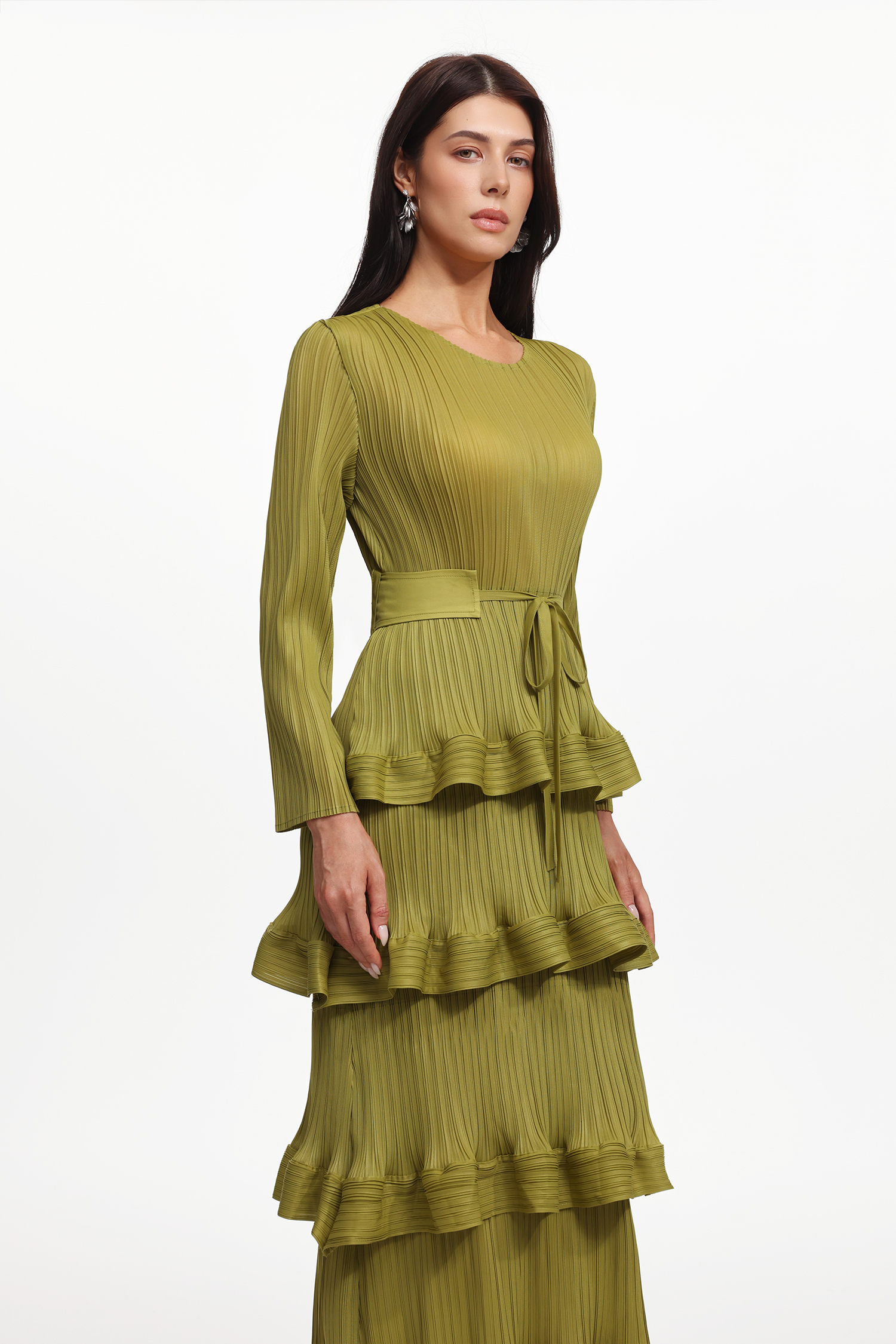 Yuyo Resort Flowy Round Neck Long Sleeve Ruffle Pleated Knit Maxi Dress