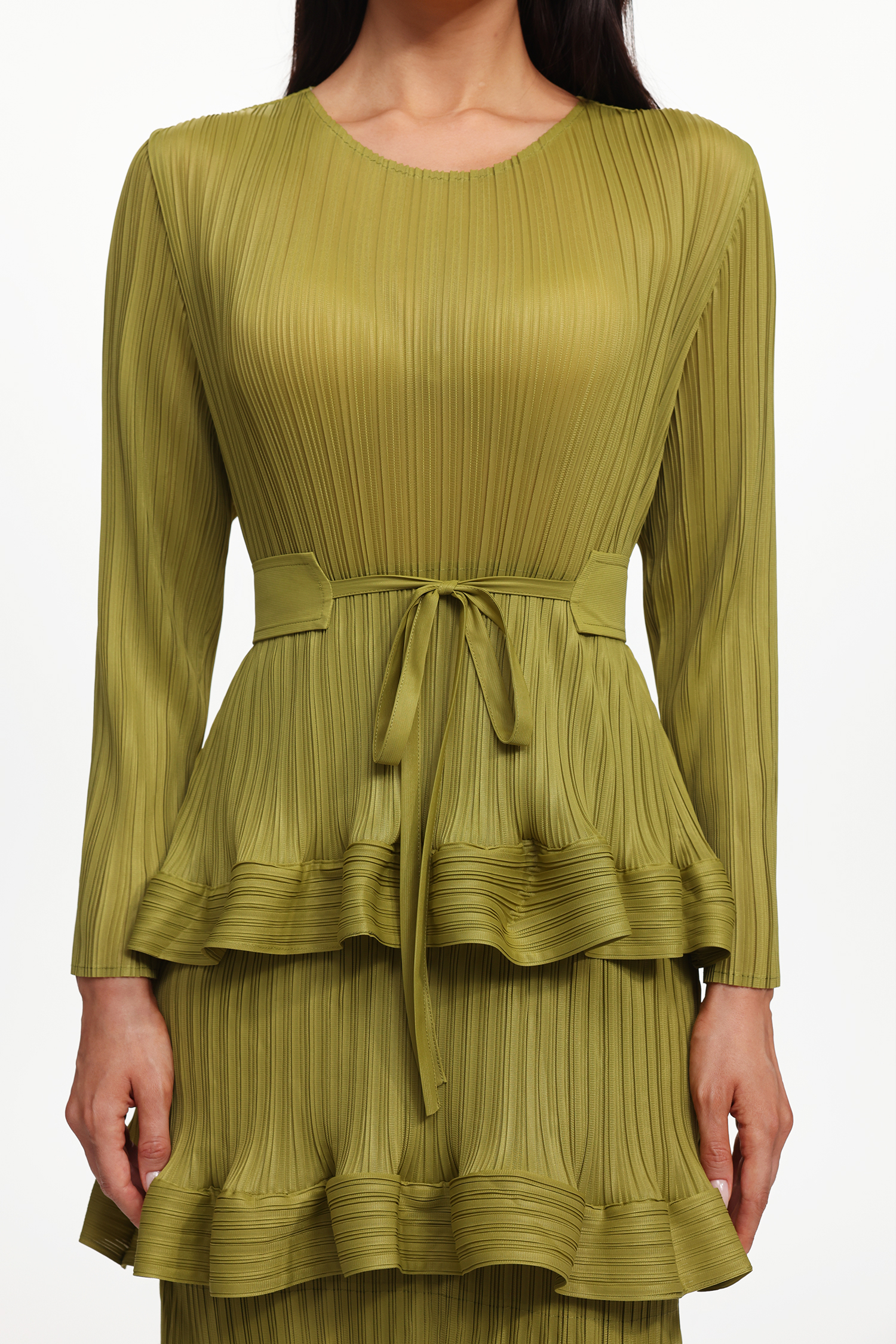 Yuyo Resort Flowy Round Neck Long Sleeve Ruffle Pleated Knit Maxi Dress