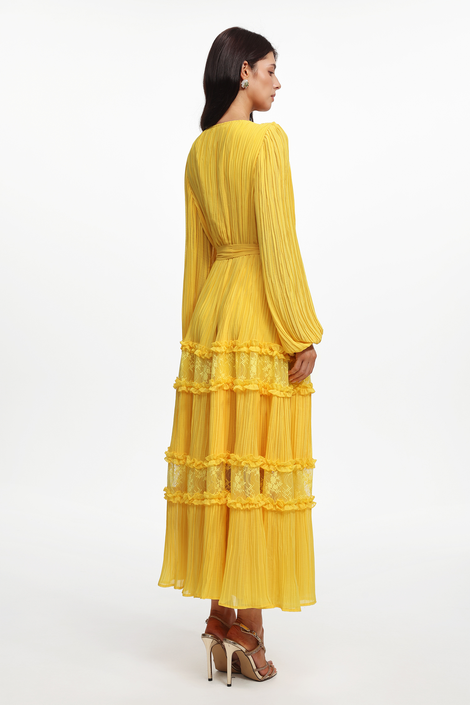 Lexie Resort Flowy Long Sleeve Lace Pleated Woven Maxi Dress