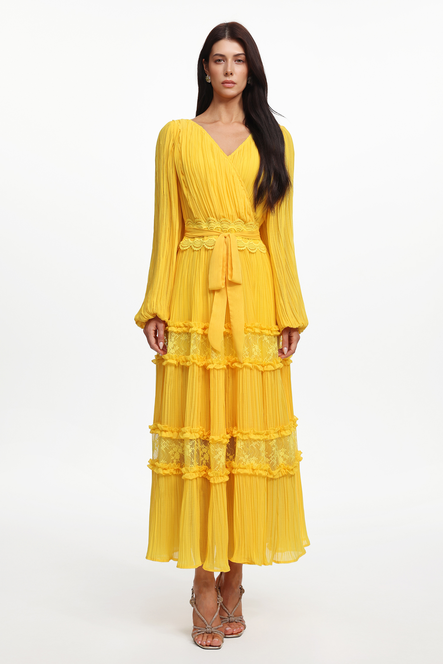 Lexie Resort Flowy Long Sleeve Lace Pleated Woven Maxi Dress