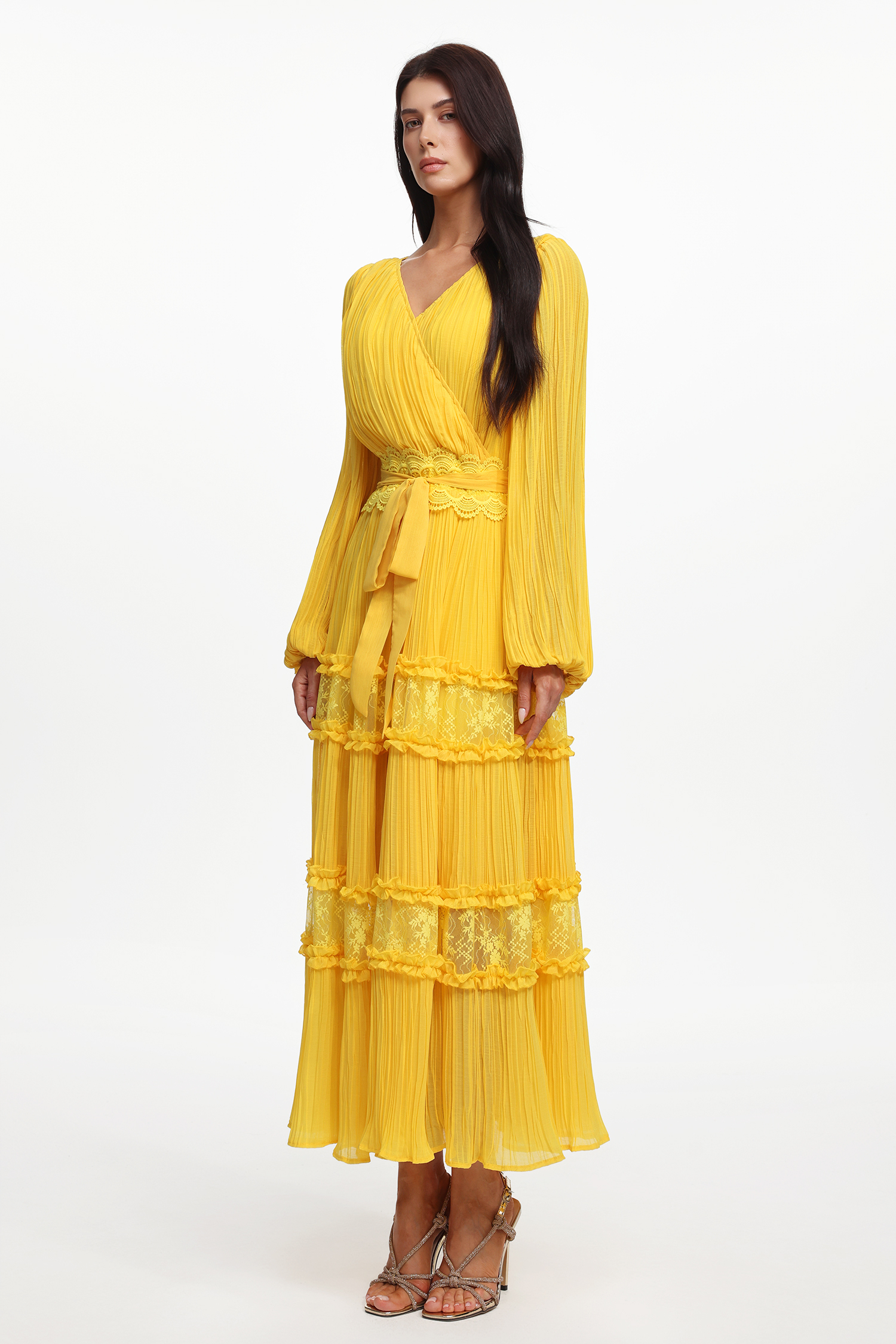 Lexie Resort Flowy Long Sleeve Lace Pleated Woven Maxi Dress