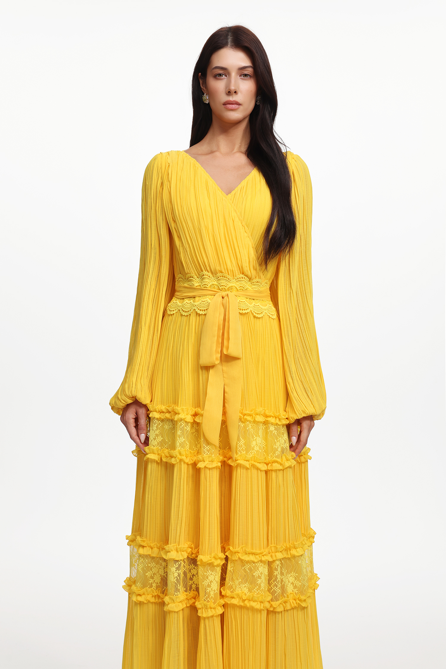 Lexie Resort Flowy Long Sleeve Lace Pleated Woven Maxi Dress