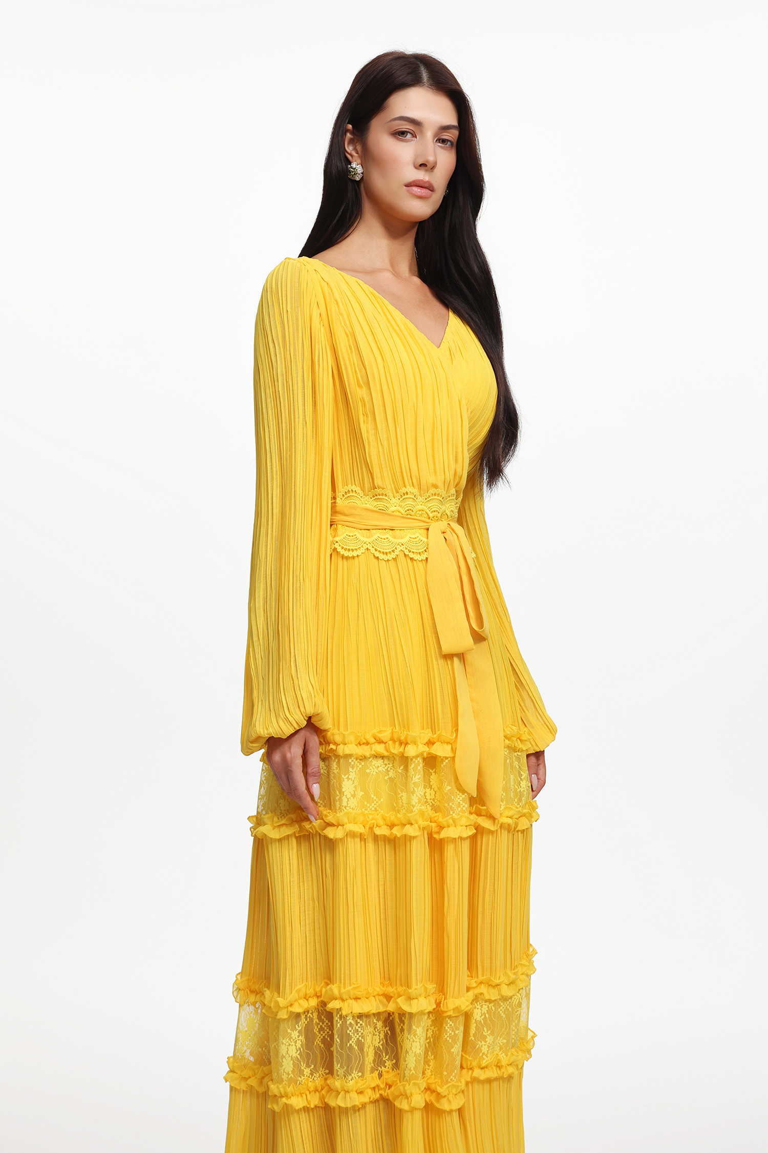 Lexie Resort Flowy Long Sleeve Lace Pleated Woven Maxi Dress