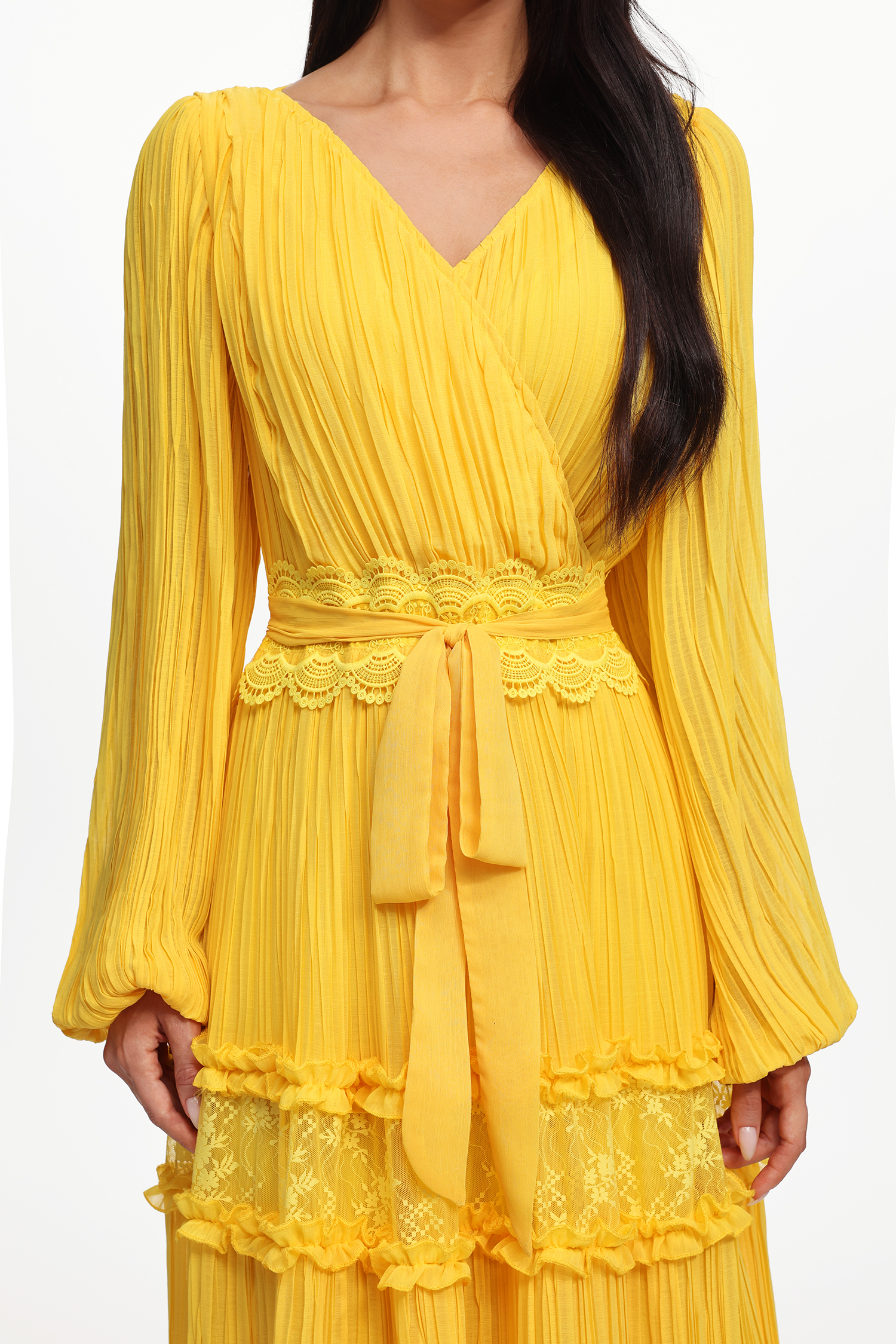 Lexie Resort Flowy Long Sleeve Lace Pleated Woven Maxi Dress