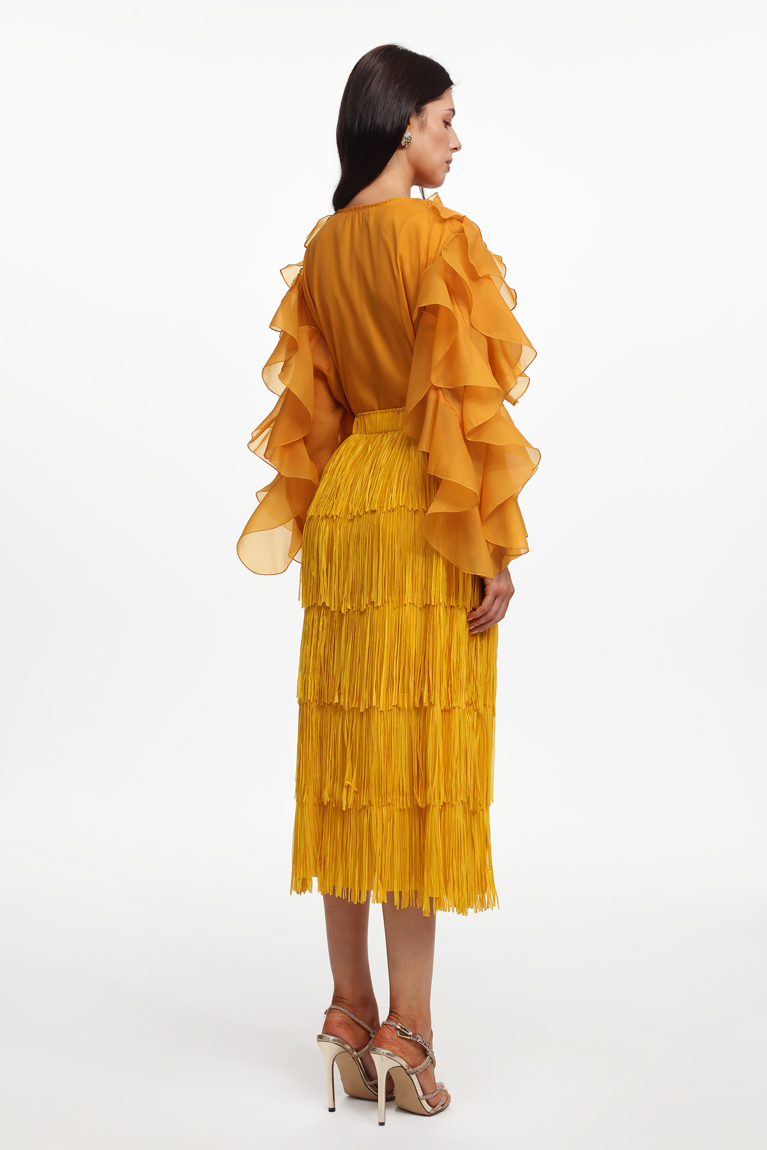 Davina Resort Flowy Long Sleeve Ruffle Woven Top And Skirt Two-Piece Set