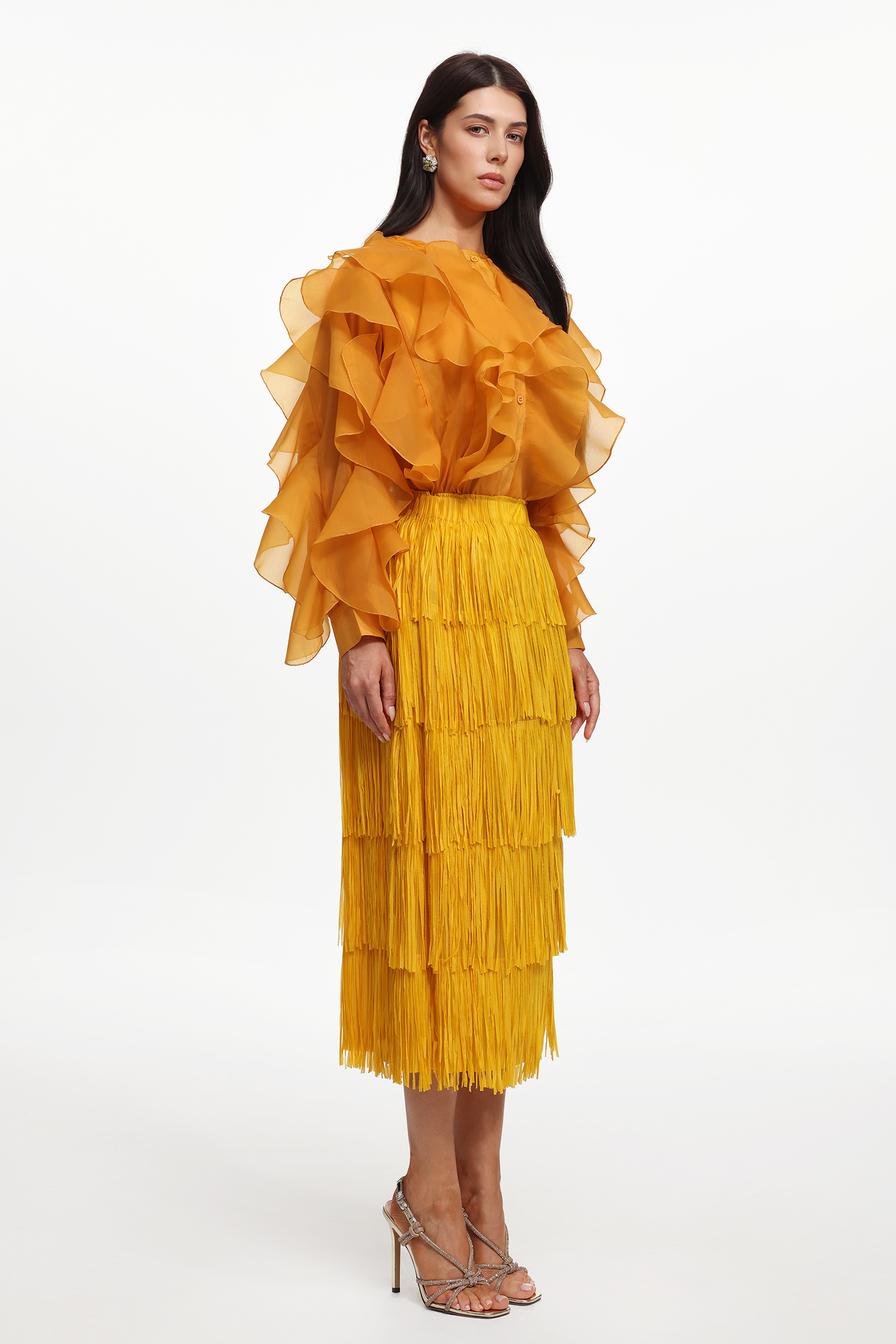 Davina Resort Flowy Long Sleeve Ruffle Woven Top And Skirt Two-Piece Set