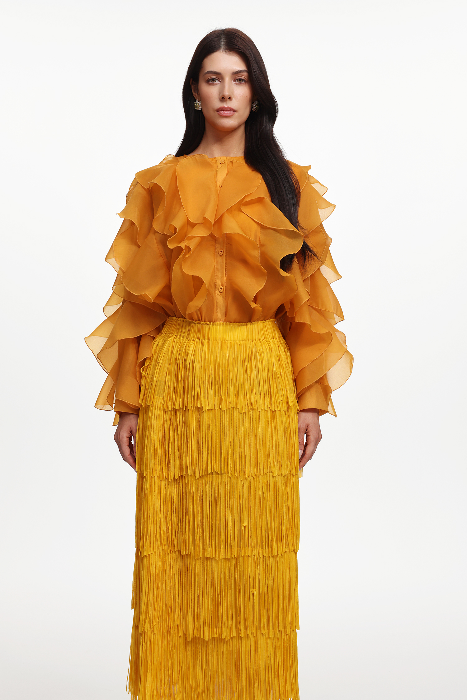 Davina Resort Flowy Long Sleeve Ruffle Woven Top And Skirt Two-Piece Set