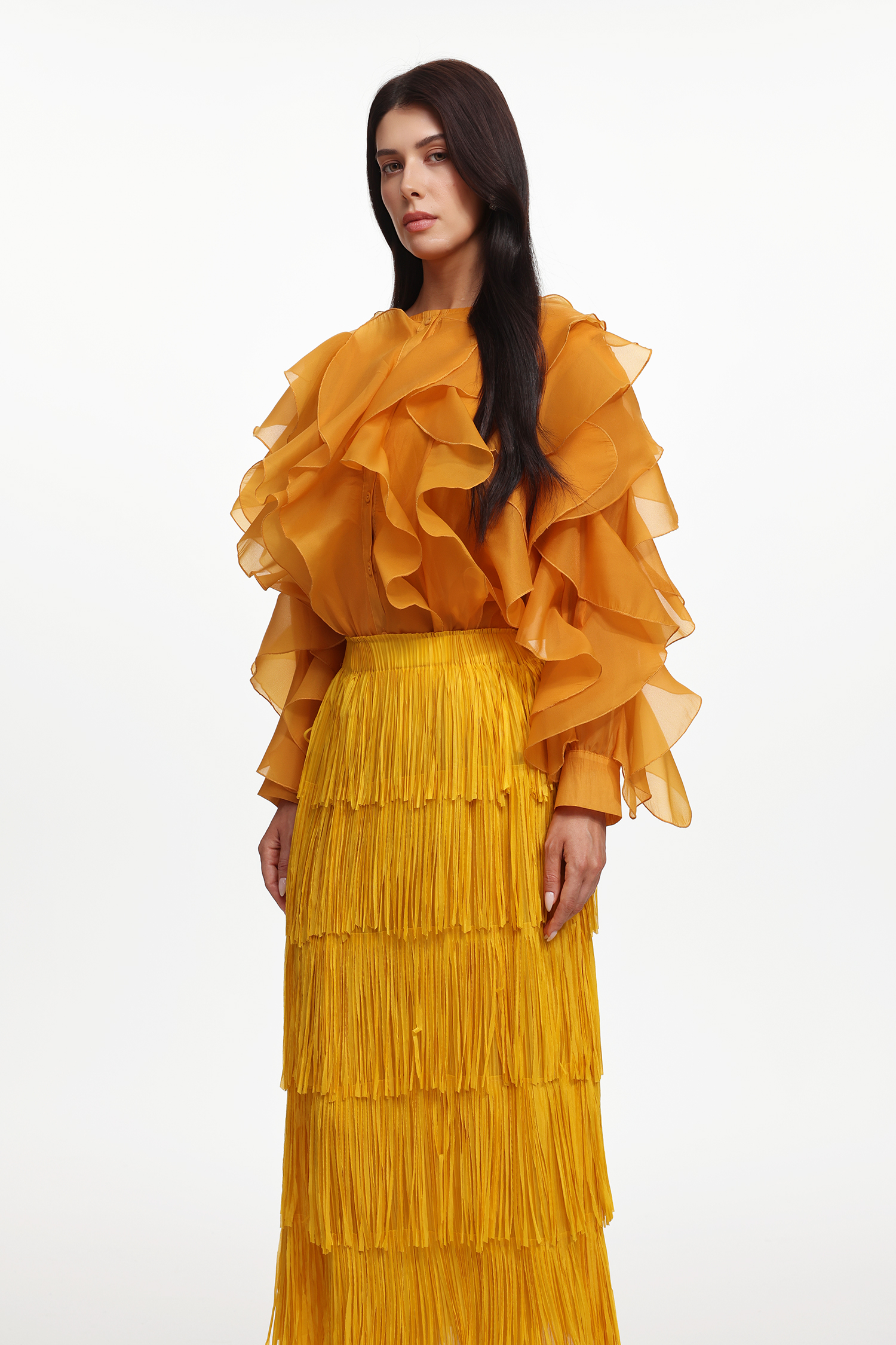 Davina Resort Flowy Long Sleeve Ruffle Woven Top And Skirt Two-Piece Set