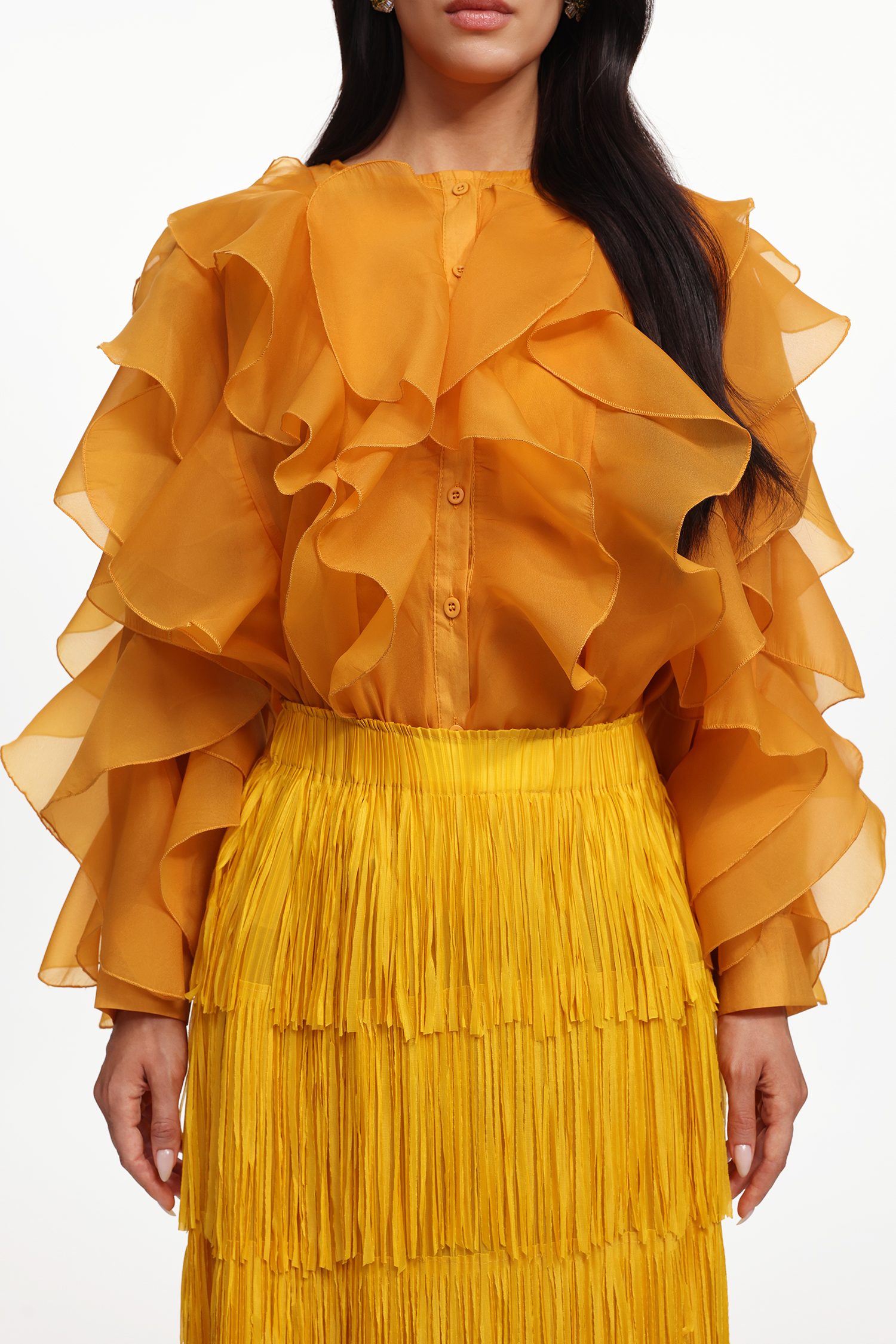 Davina Resort Flowy Long Sleeve Ruffle Woven Top And Skirt Two-Piece Set