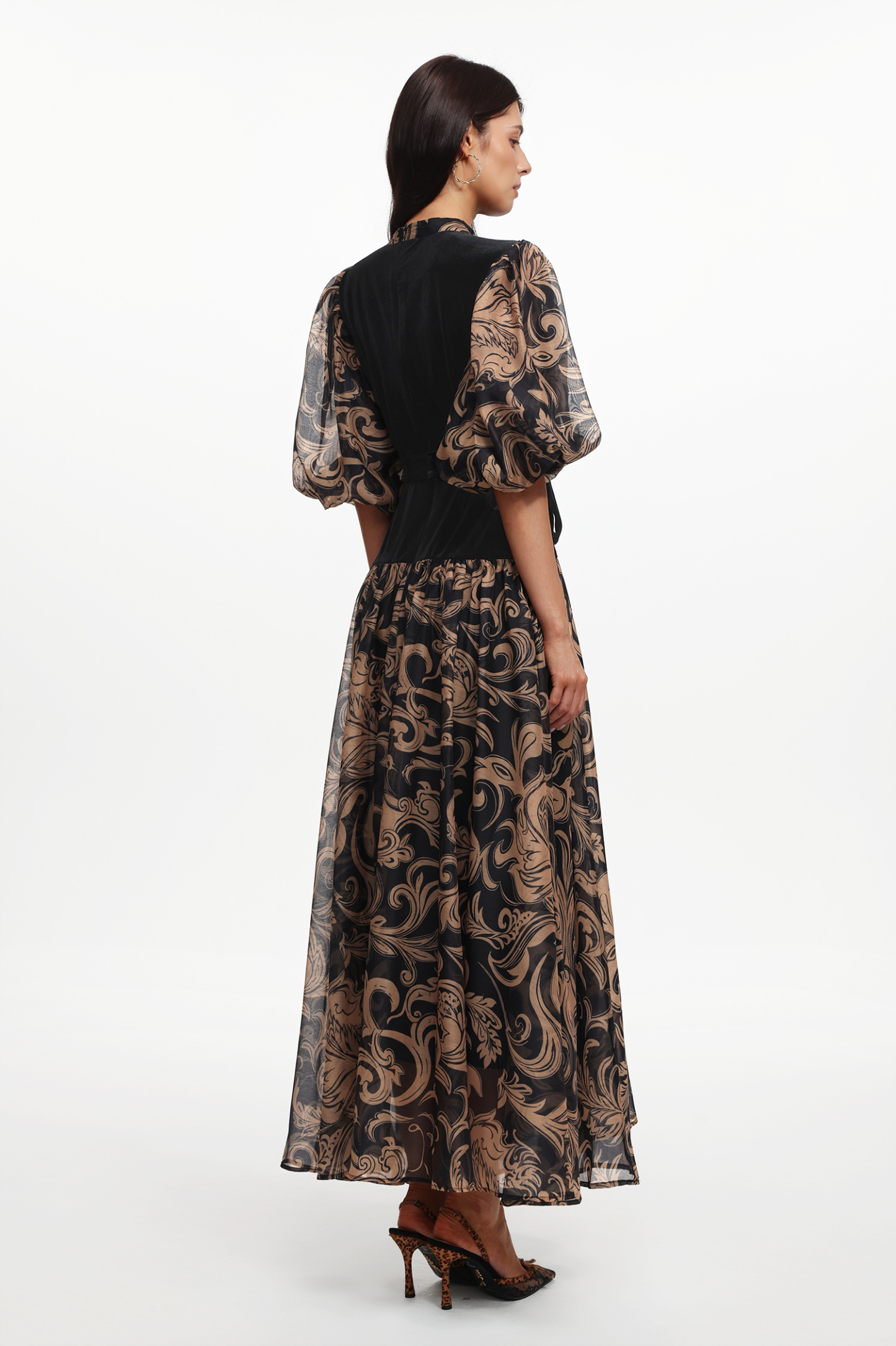 Secyij Resort Flowy Puff Sleeve Printed Woven Maxi Dress