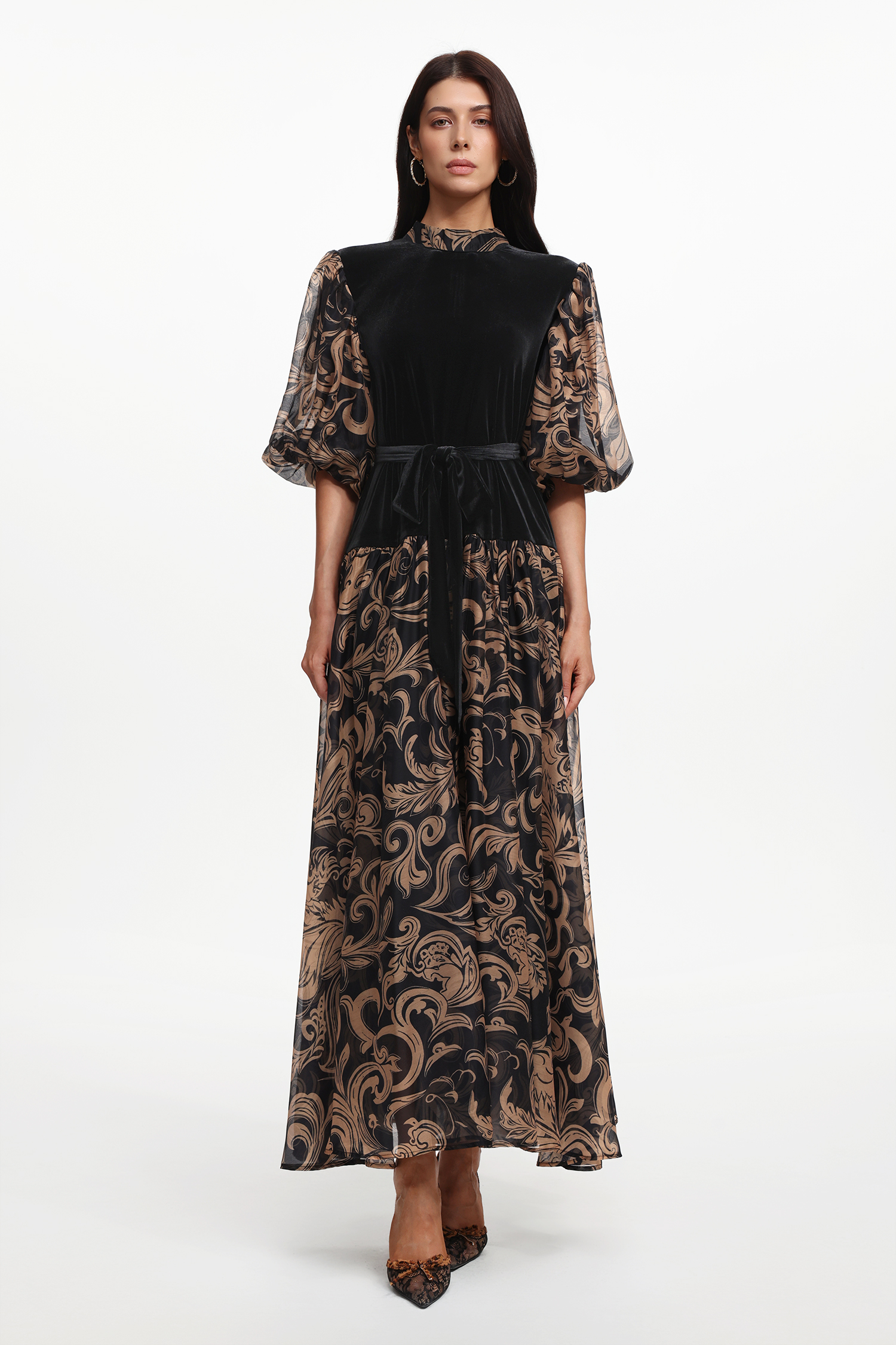 Secyij Resort Flowy Puff Sleeve Printed Woven Maxi Dress