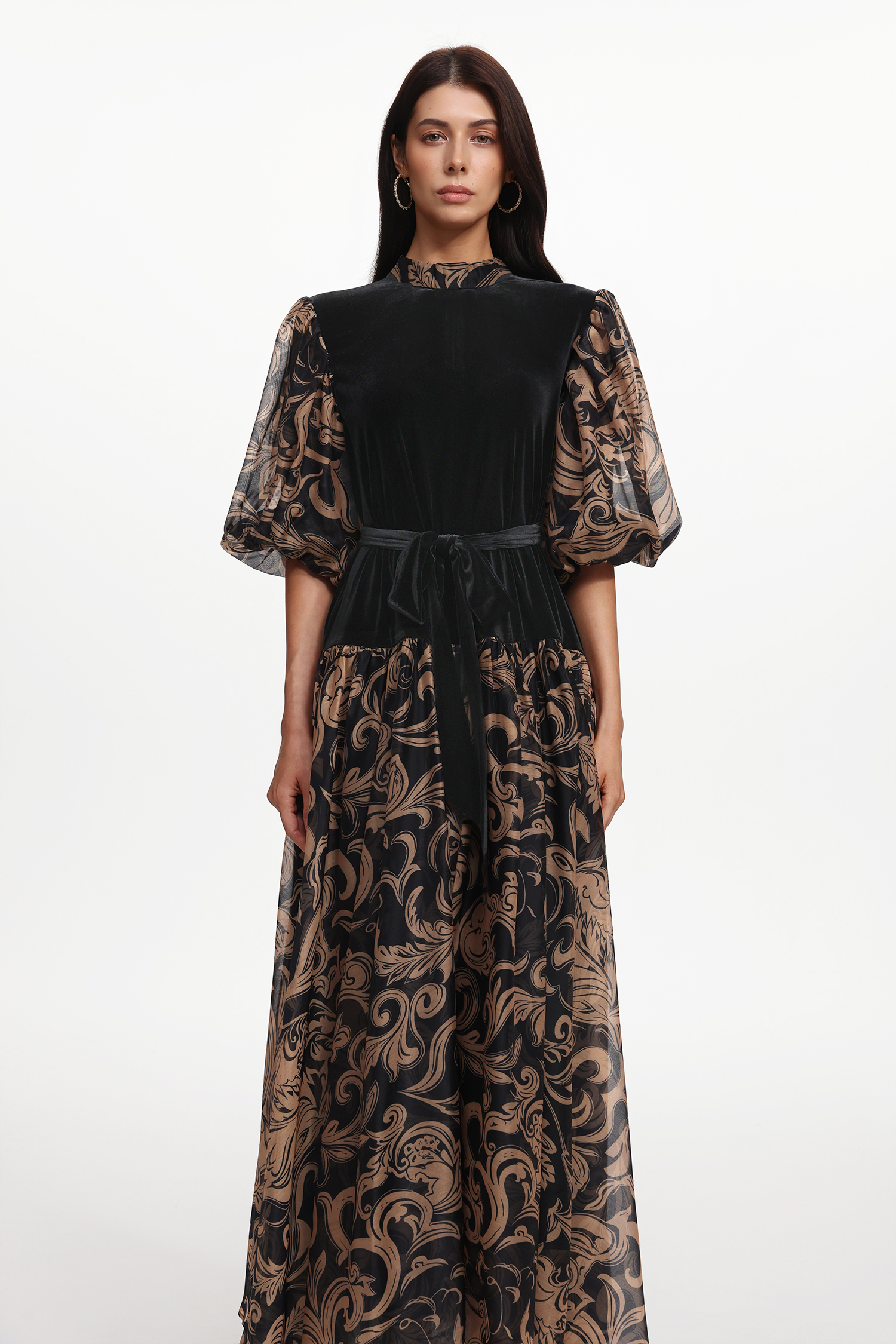 Secyij Resort Flowy Puff Sleeve Printed Woven Maxi Dress