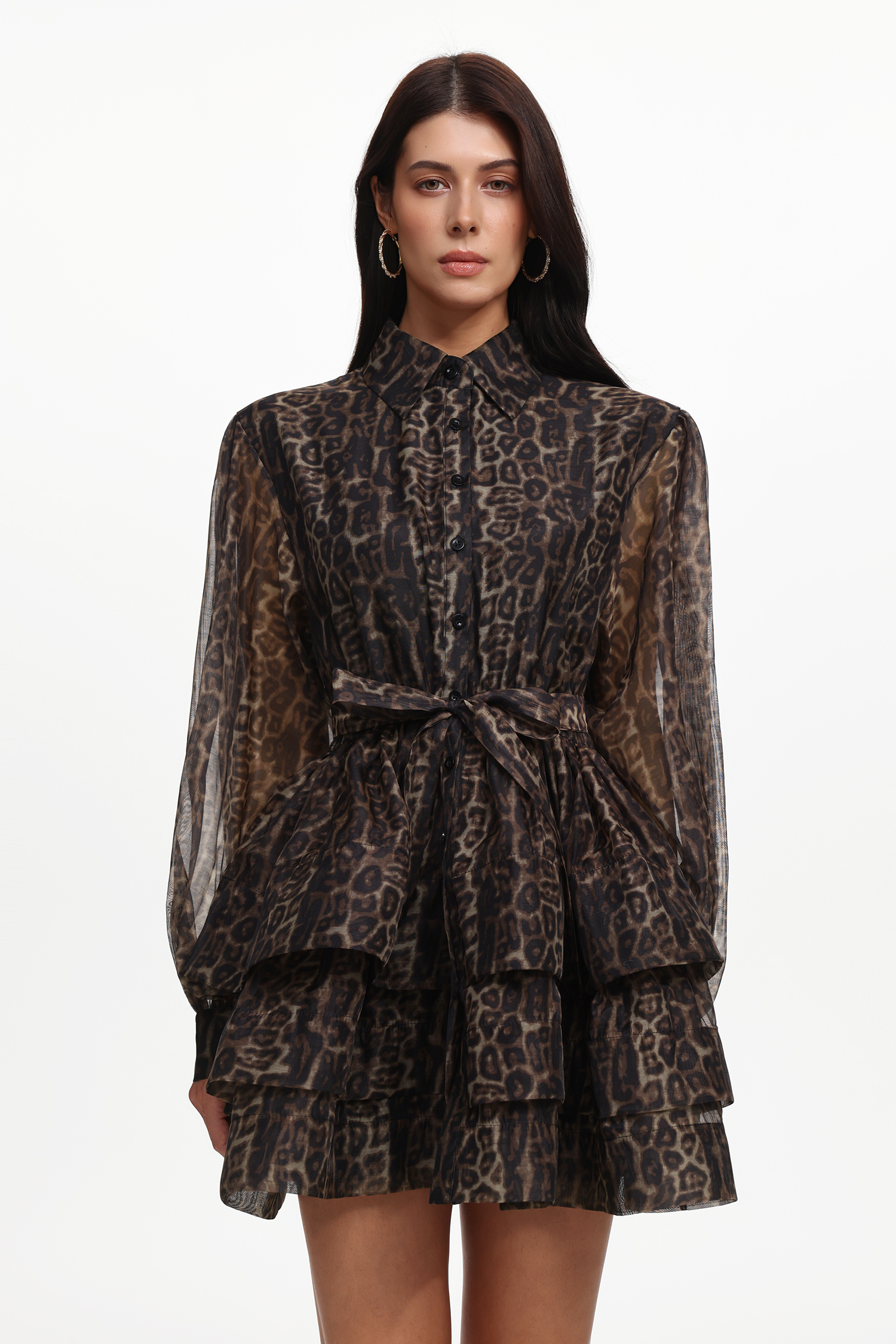 Dilara Resort Flowy Long Sleeve Leopard Printed Woven Mini Dress