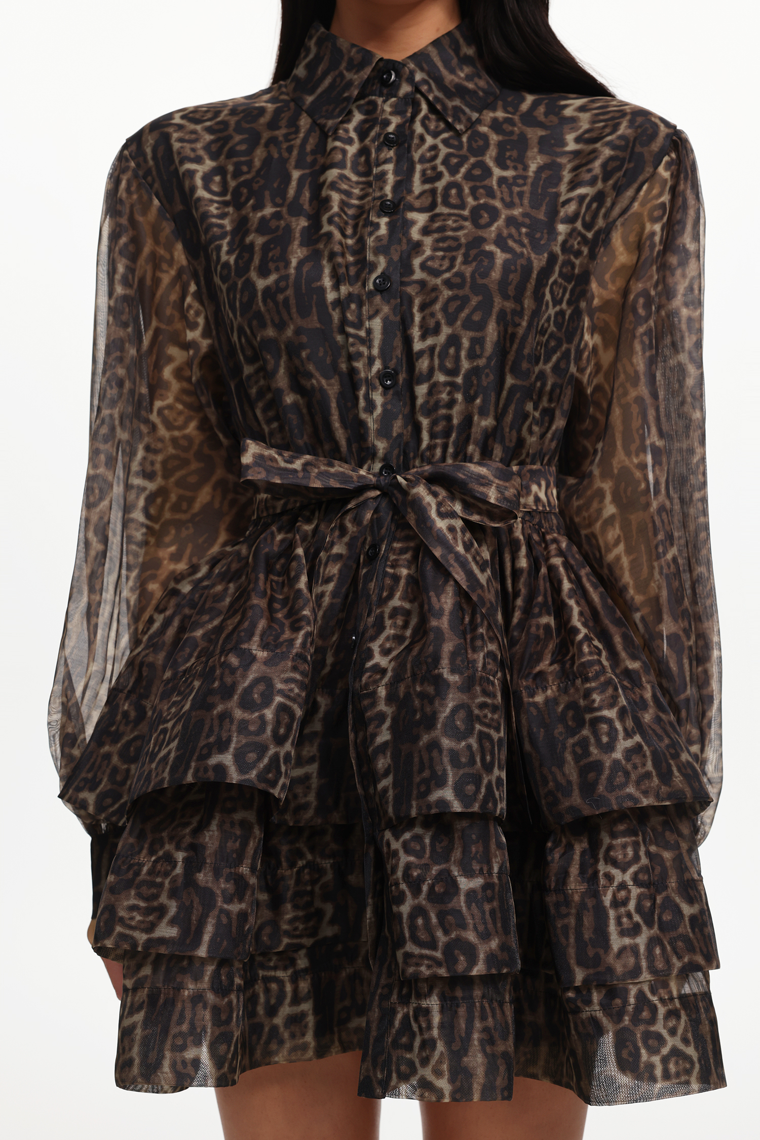Dilara Resort Flowy Long Sleeve Leopard Printed Woven Mini Dress
