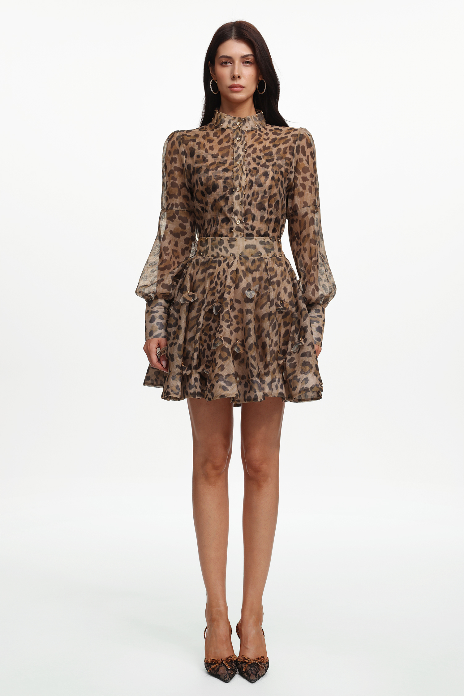 Tasanee Resort Flowy Long Sleeve Leopard Printed Woven Top And Skirt Two-Piece Set