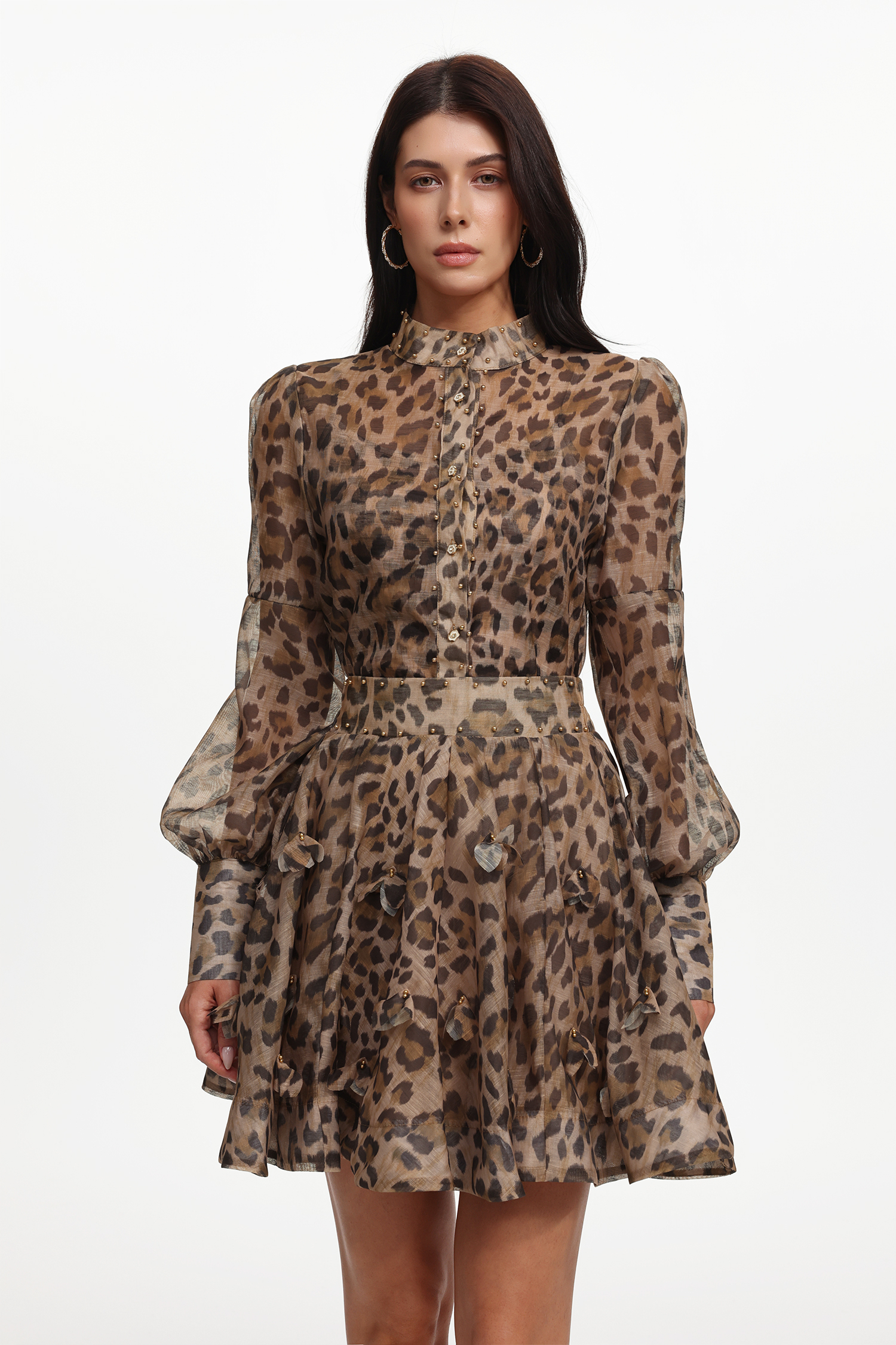 Tasanee Resort Flowy Long Sleeve Leopard Printed Woven Top And Skirt Two-Piece Set