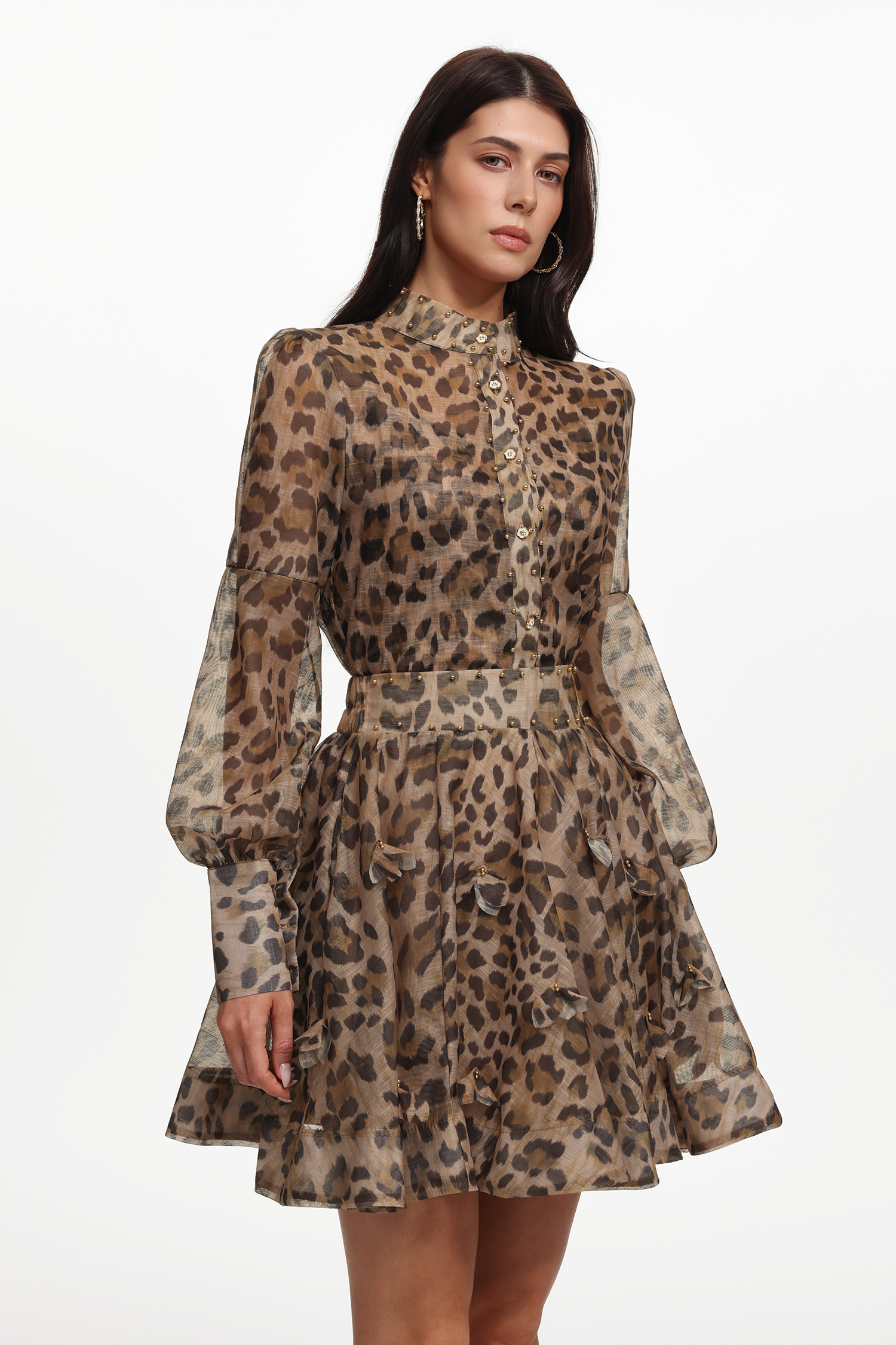 Tasanee Resort Flowy Long Sleeve Leopard Printed Woven Top And Skirt Two-Piece Set