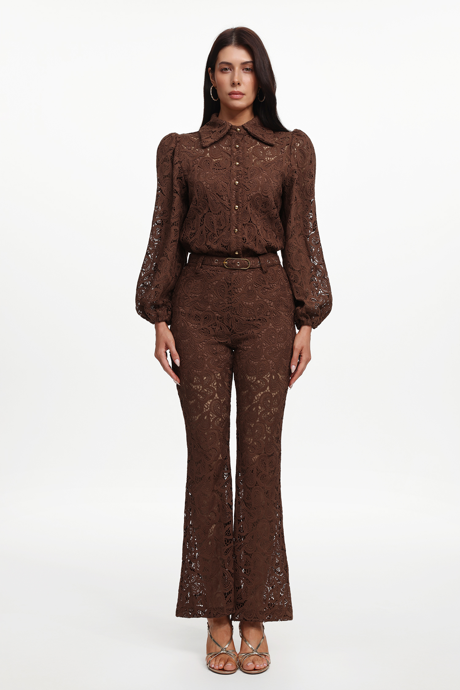Ive Elegant Contour Long Sleeve Lace Woven Top And Pants Two-Piece Set