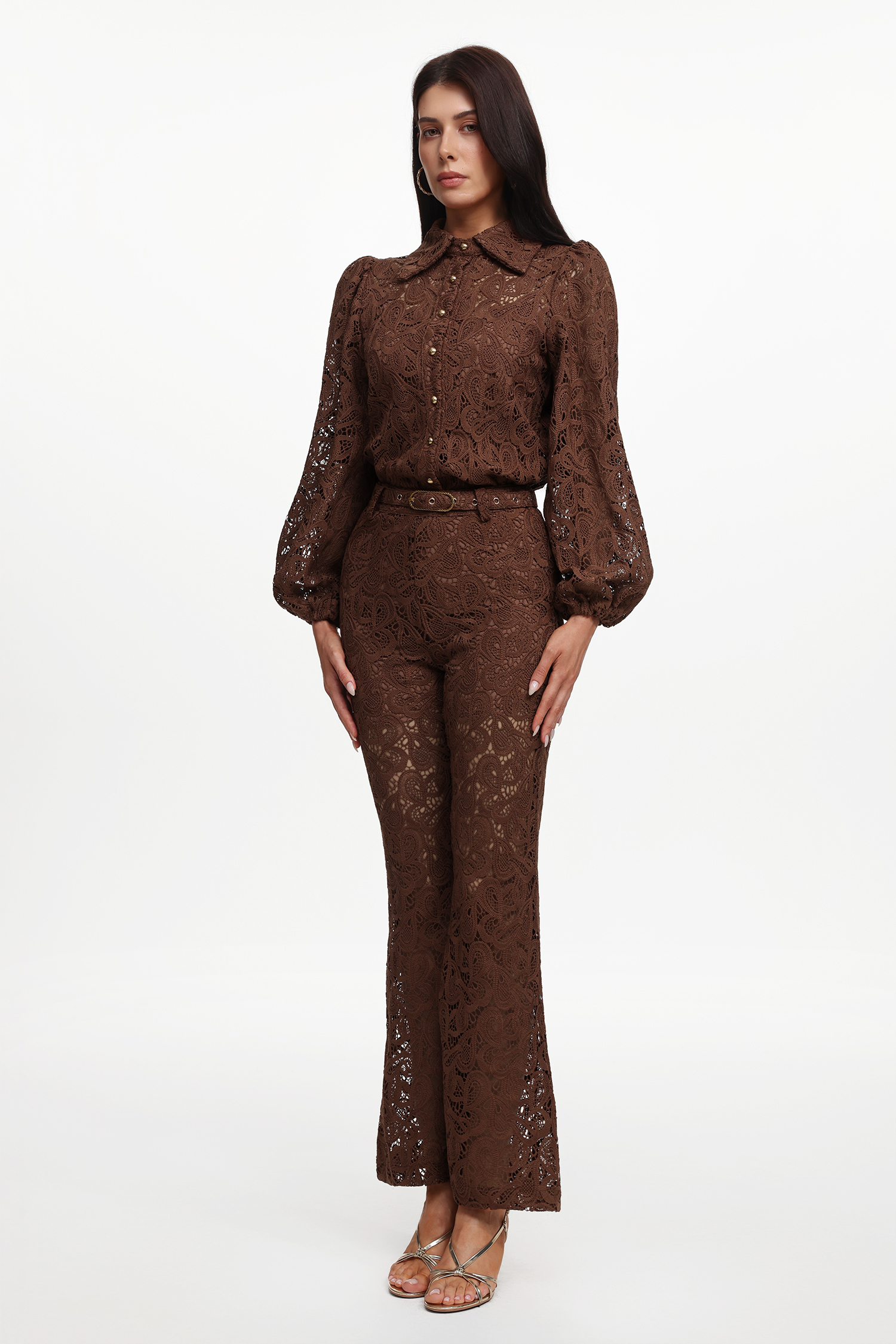 Ive Elegant Contour Long Sleeve Lace Woven Top And Pants Two-Piece Set