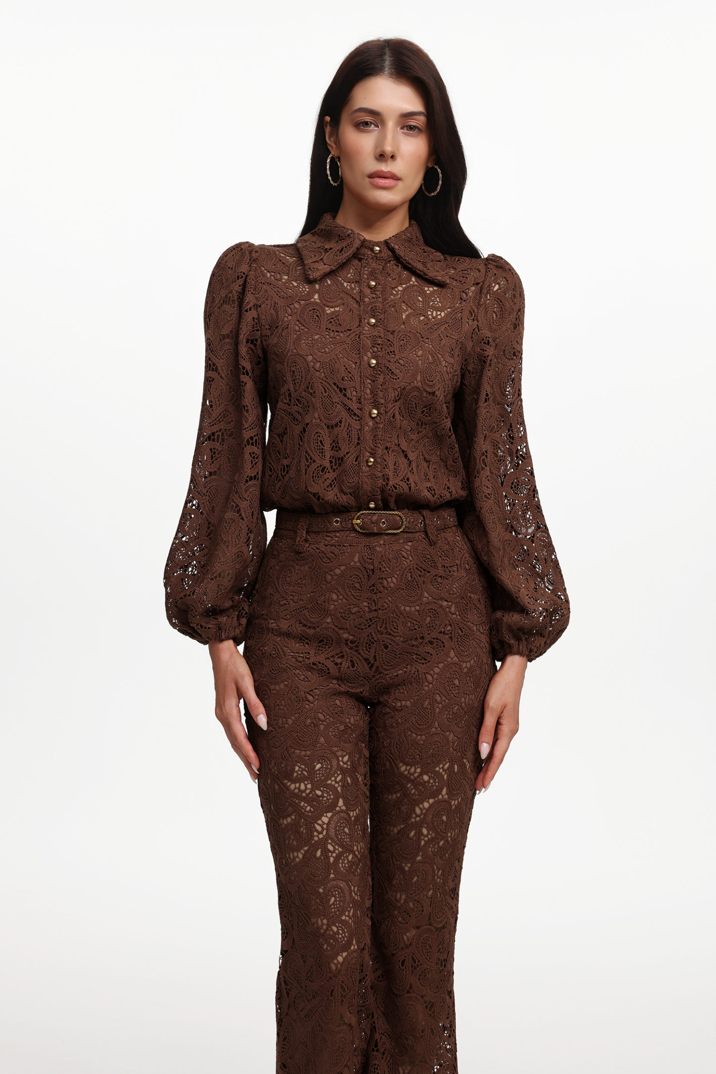 Ive Elegant Contour Long Sleeve Lace Woven Top And Pants Two-Piece Set