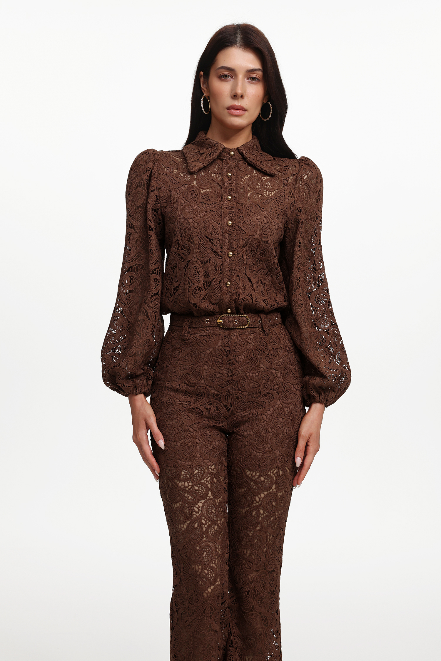 Ive Elegant Contour Long Sleeve Lace Woven Top And Pants Two-Piece Set