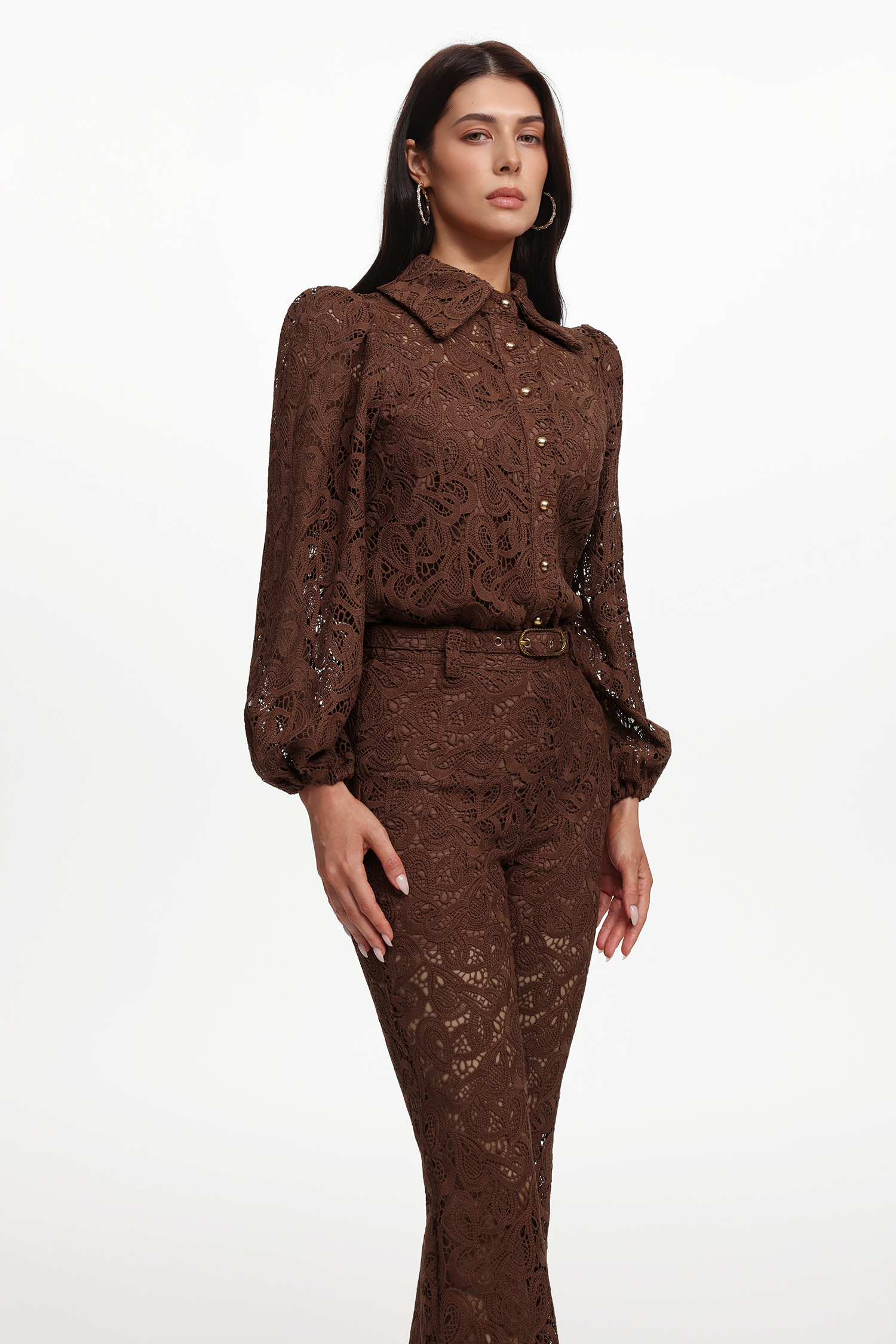 Ive Elegant Contour Long Sleeve Lace Woven Top And Pants Two-Piece Set