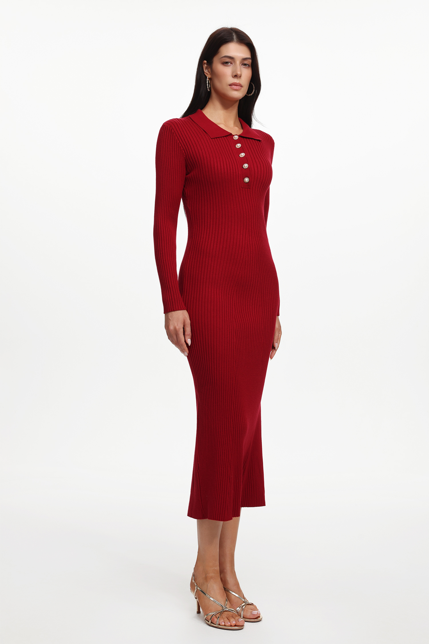 Morwenna Elegant Contour Long Sleeve Pearl Knit Maxi Dress