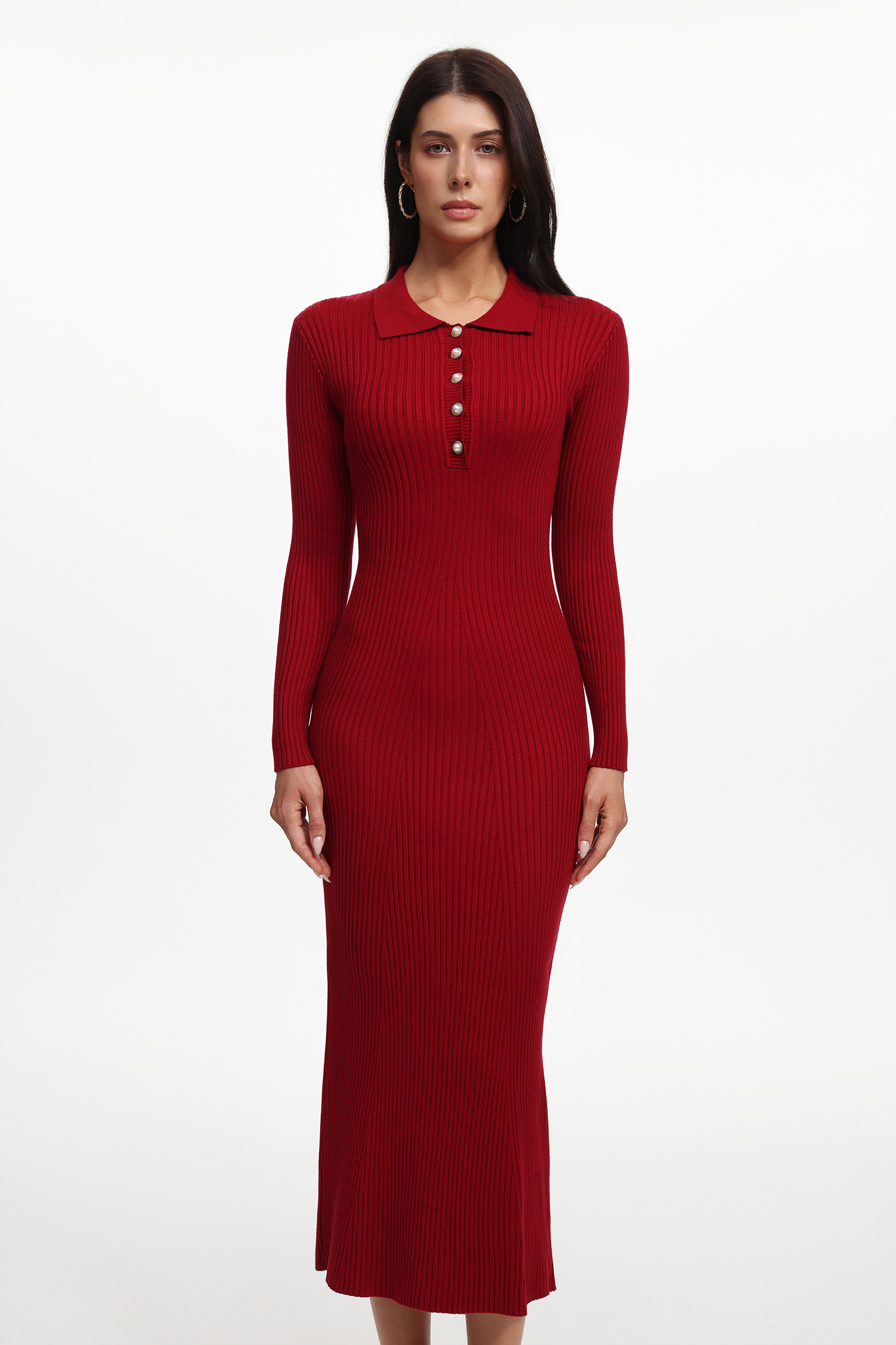 Morwenna Elegant Contour Long Sleeve Pearl Knit Maxi Dress