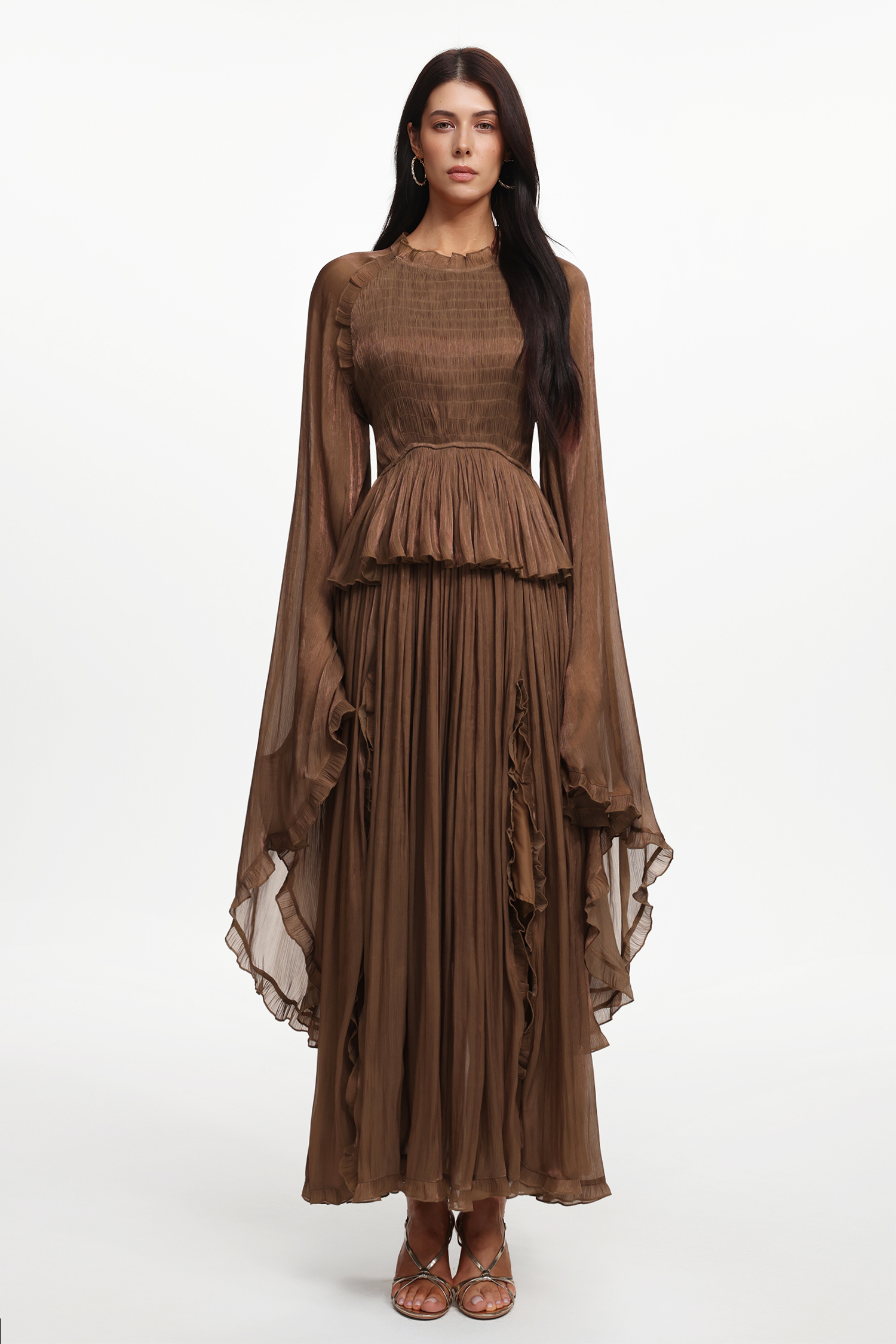 Ethel Resort Flowy Long Sleeve Ruffle Pleated Woven Maxi Dress