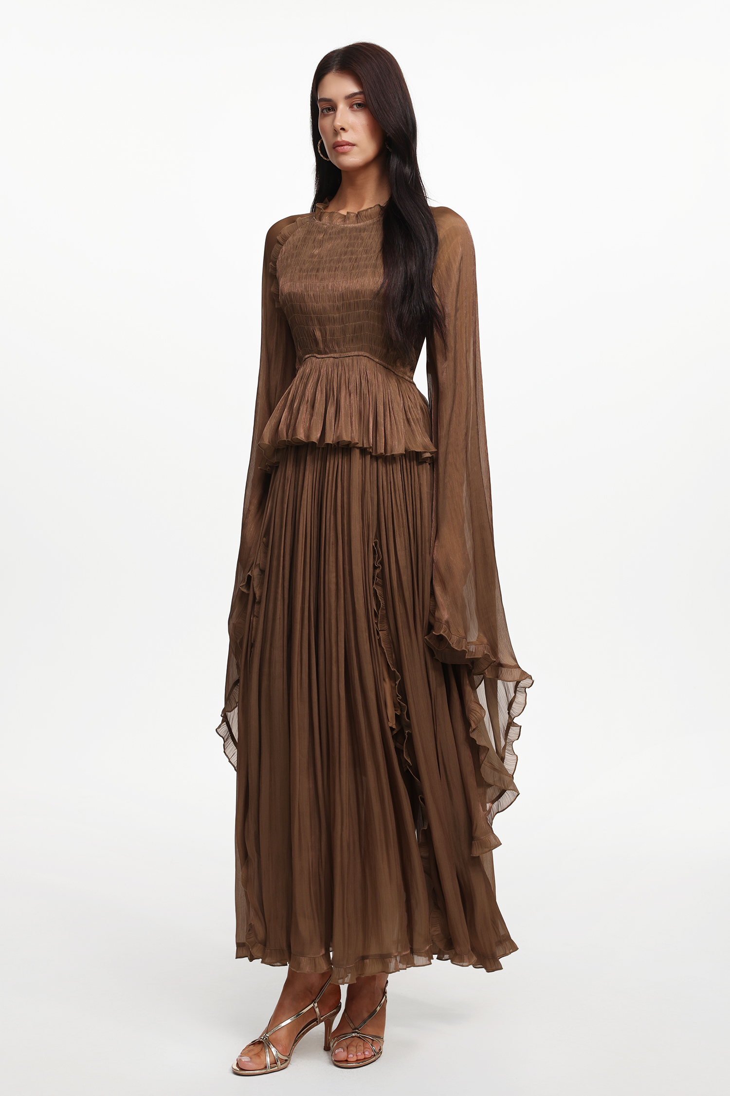 Ethel Resort Flowy Long Sleeve Ruffle Pleated Woven Maxi Dress