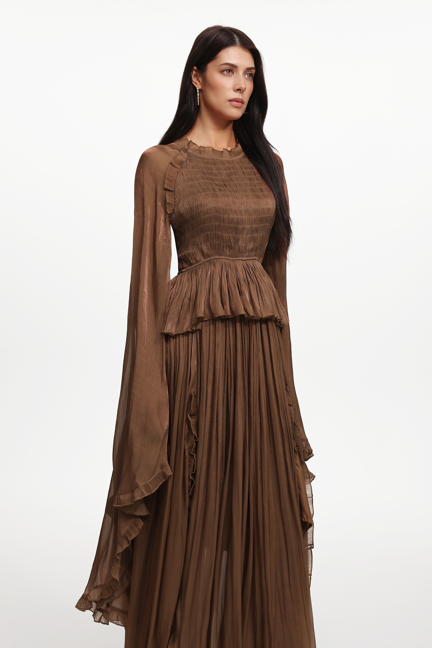 Ethel Resort Flowy Long Sleeve Ruffle Pleated Woven Maxi Dress