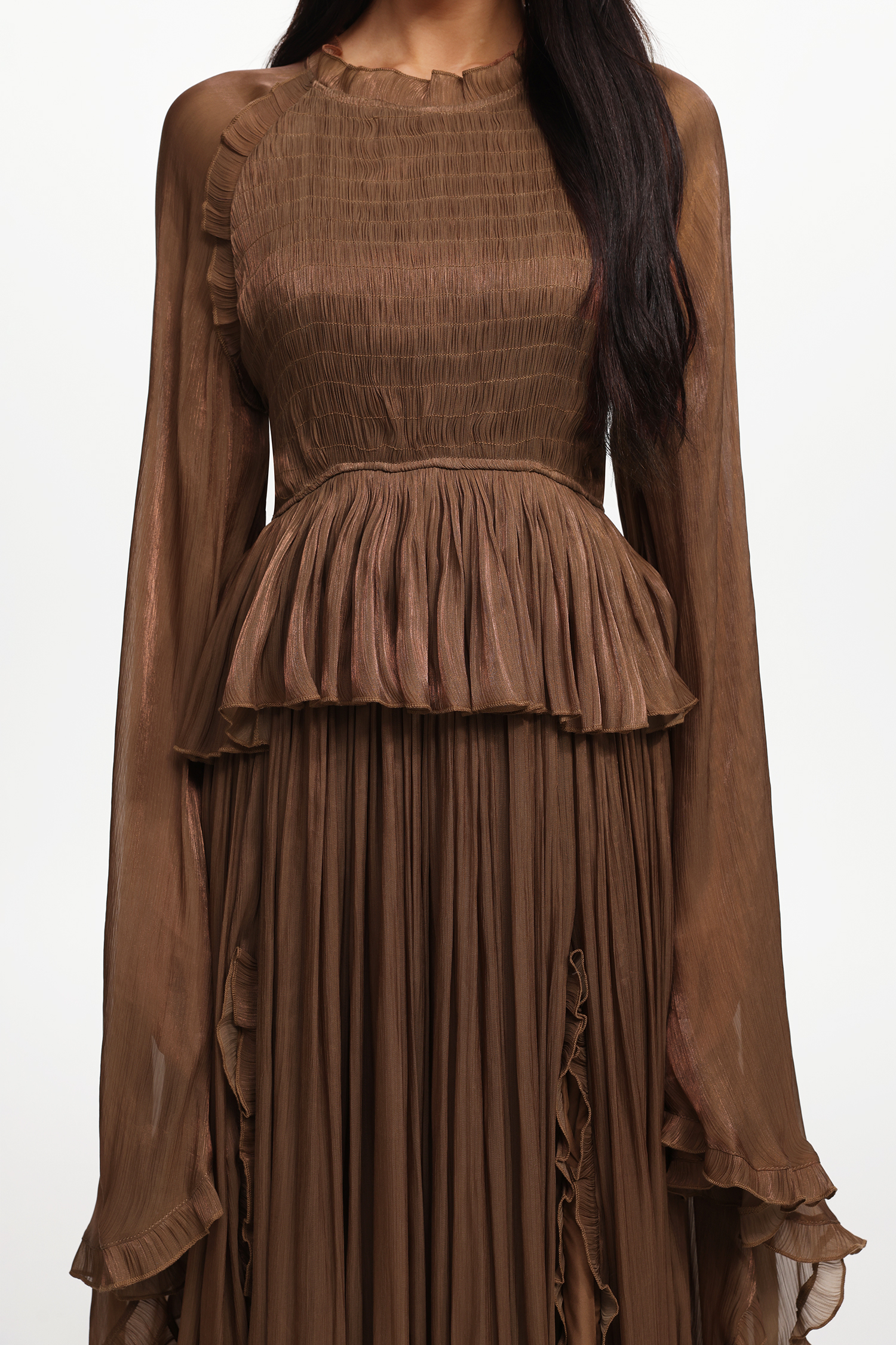 Ethel Resort Flowy Long Sleeve Ruffle Pleated Woven Maxi Dress