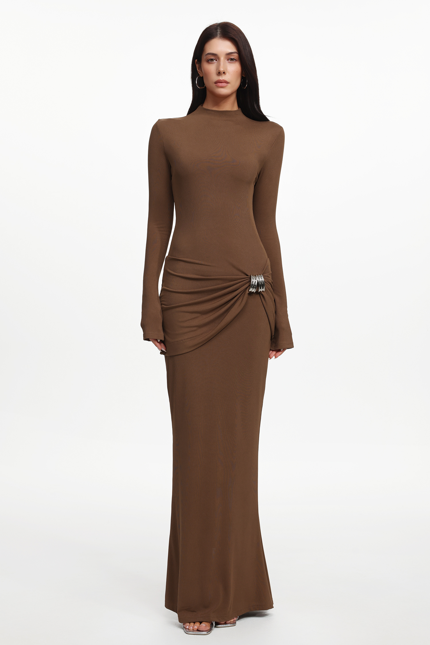 Pippa Elegant Contour Long Sleeve Ruched Knit Maxi Dress