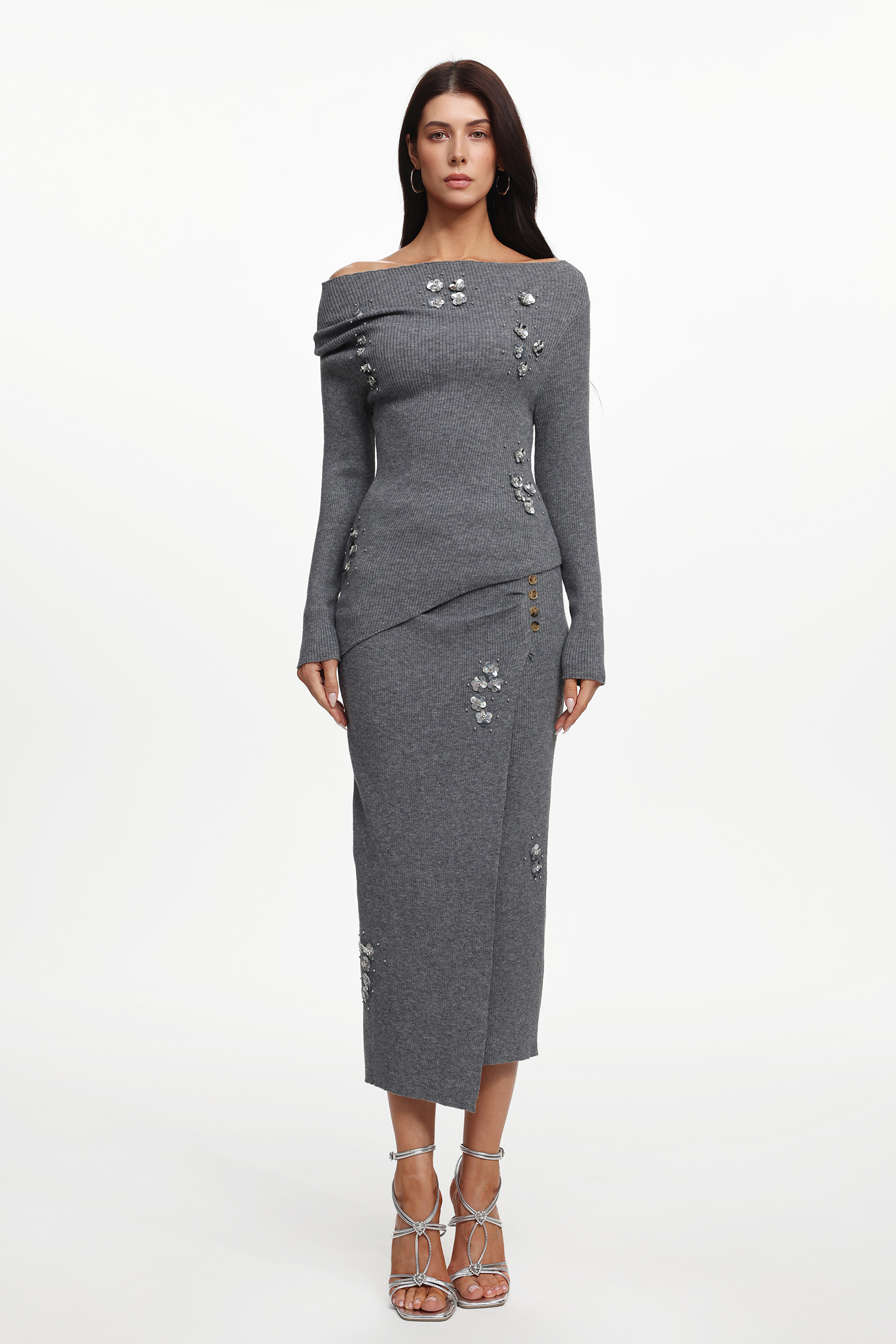 Sliya Elegant Embellished Off Shoulder Long Sleeve Sequin Floral Knit Top And Skirt Two-Piece Set