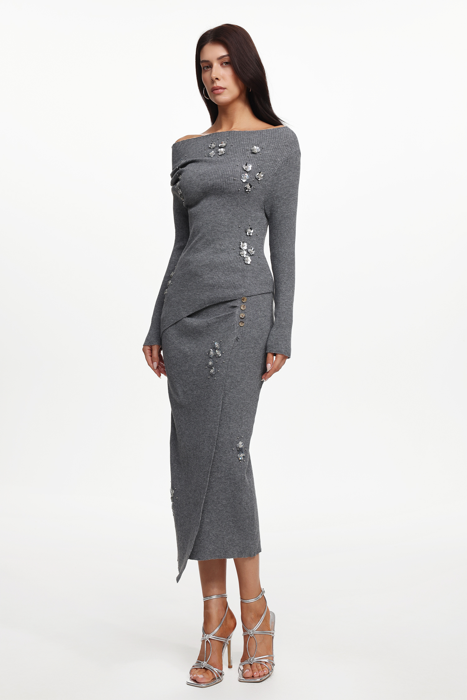 Sliya Elegant Embellished Off Shoulder Long Sleeve Sequin Floral Knit Top And Skirt Two-Piece Set