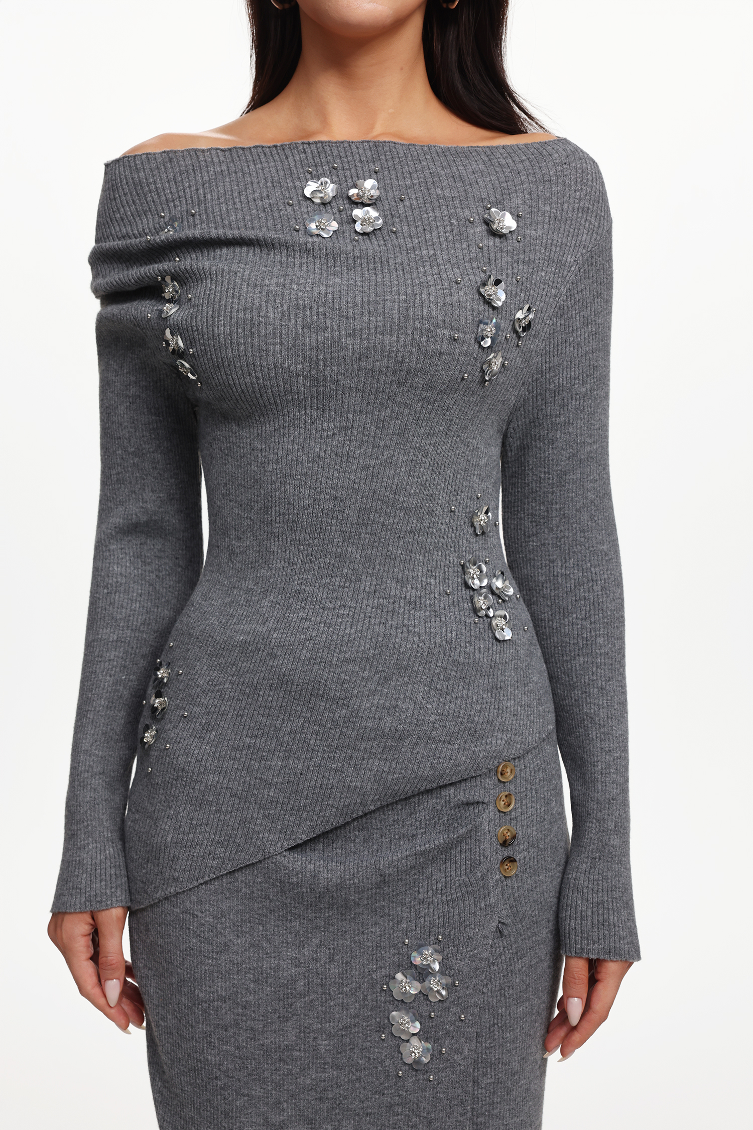 Sliya Elegant Embellished Off Shoulder Long Sleeve Sequin Floral Knit Top And Skirt Two-Piece Set