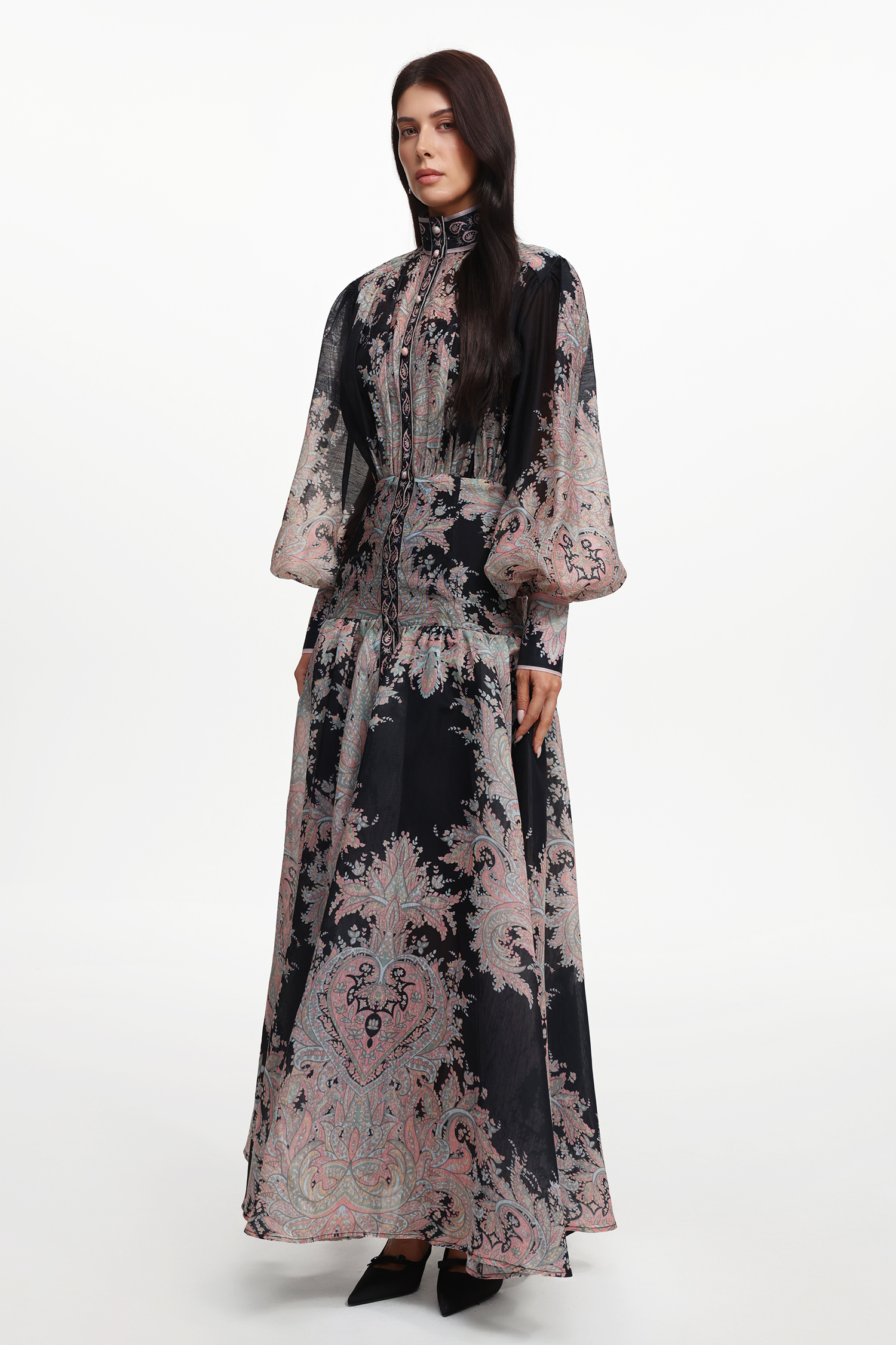 Sagona Resort Flowy Long Sleeve Floral Printed Woven Maxi Dress