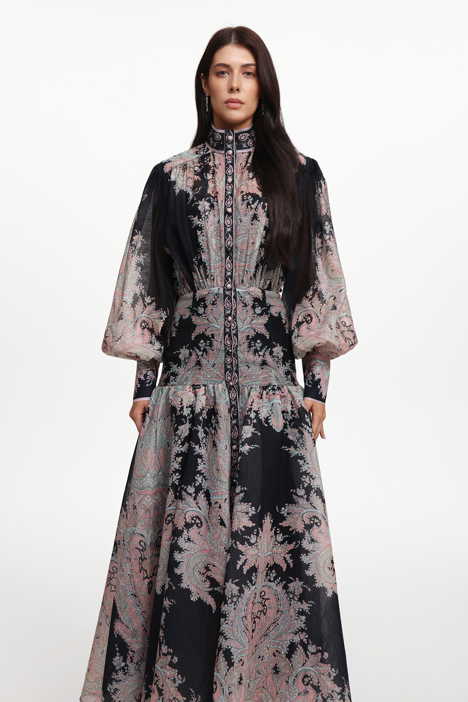 Sagona Resort Flowy Long Sleeve Floral Printed Woven Maxi Dress