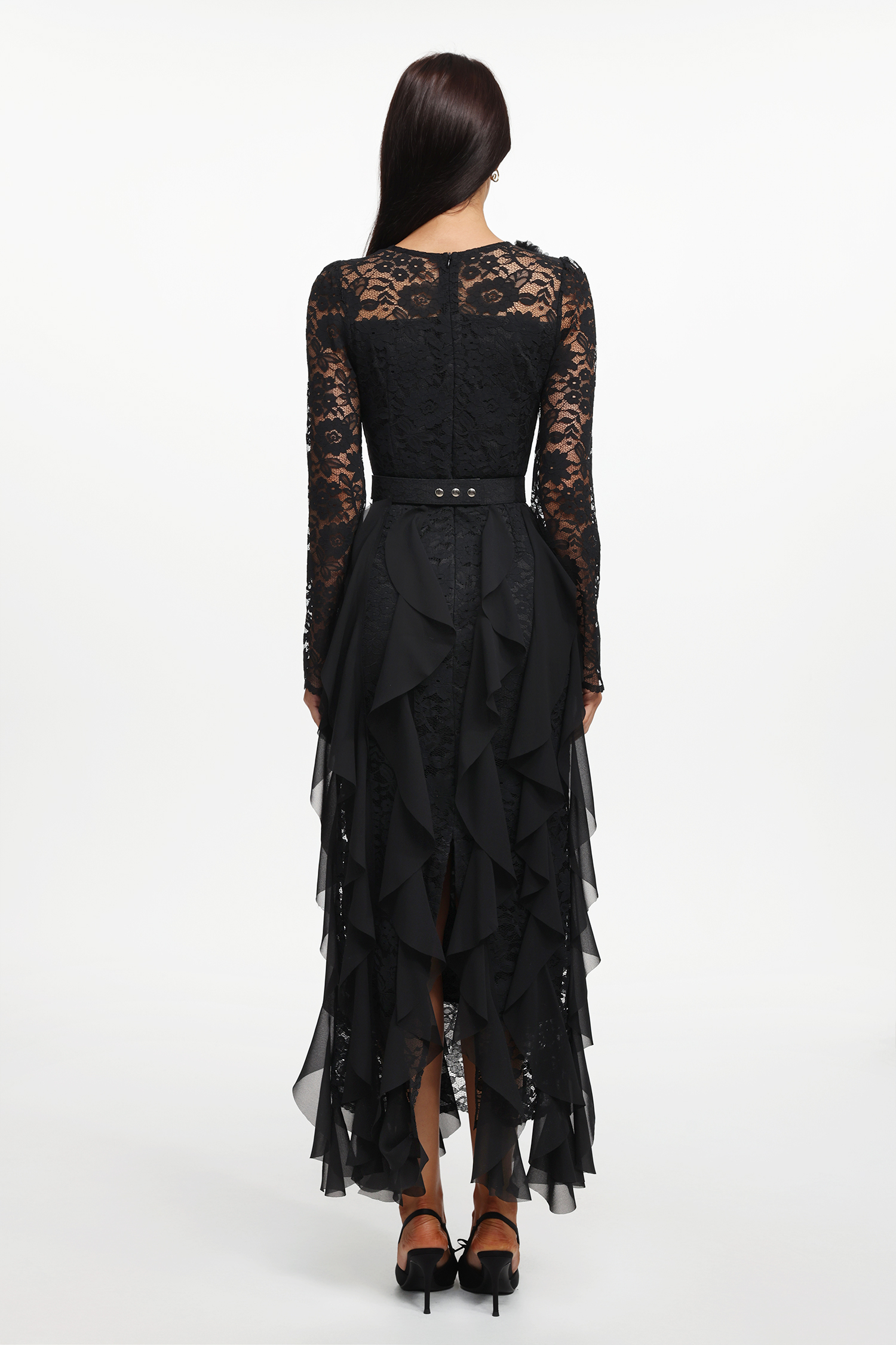 Eyola Elegant Flowy Long Sleeve Lace Ruffle Woven Maxi Dress